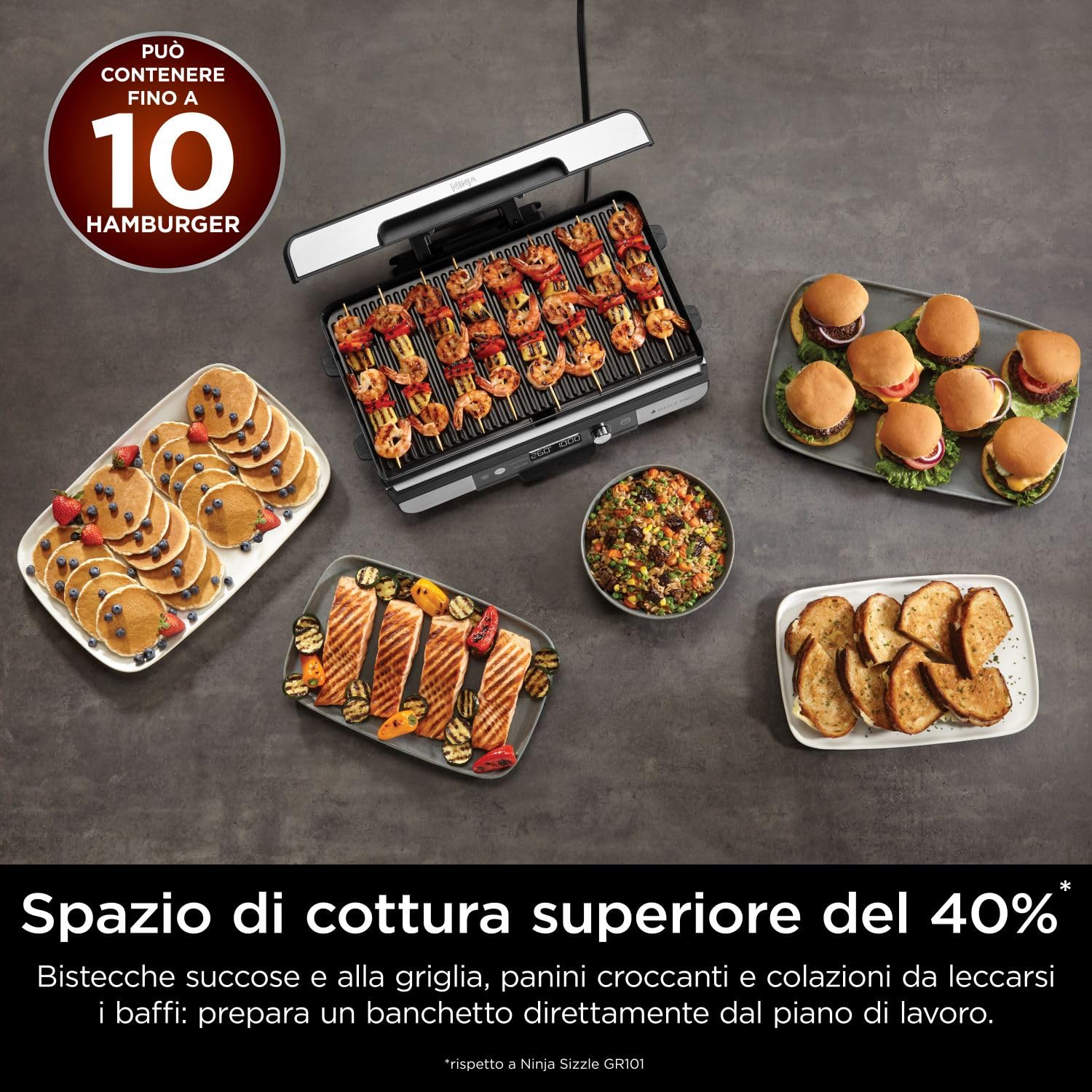 Ninja Sizzle Pro XL Griglia e piastra liscia da interni, rivestimento antiaderente in ceramica, coperchio rimovibile, vassoio raccogli-grasso, ricettario, argento/nero GX101EU