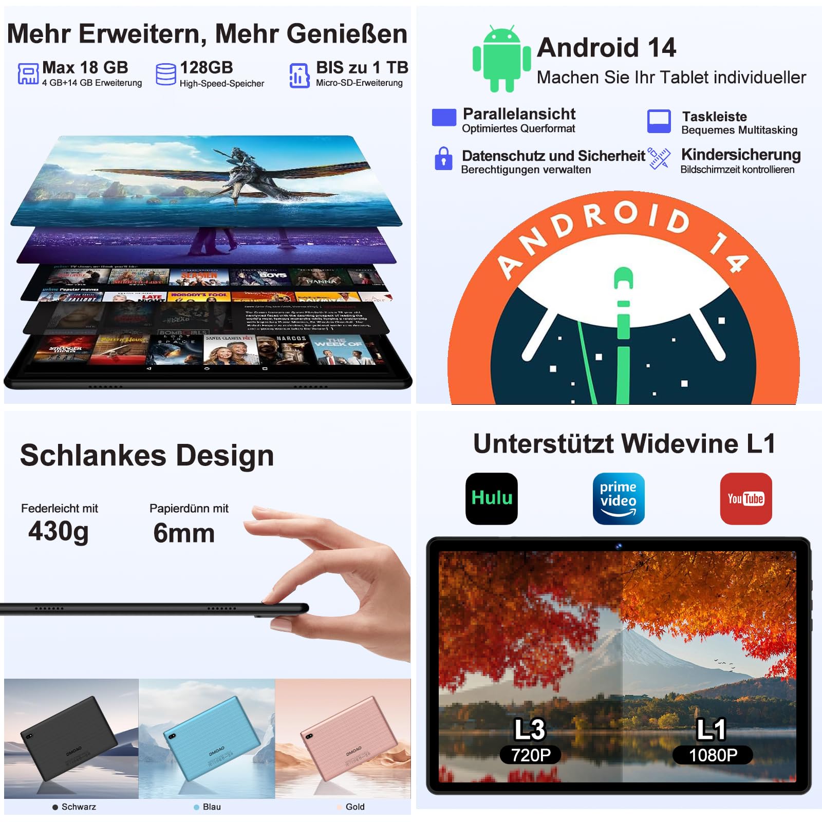 DMOAO Android 14 Tablet 10 Pollici con 18GB RAM + 128GB ROM(TF 1TB), HD con 5G Wi-Fi 6, Widevine L1, Octa-Core 1.8 GHz, USB-C, BT 5.0, 6000mAh, con Tastiera + Mouse, Nero
