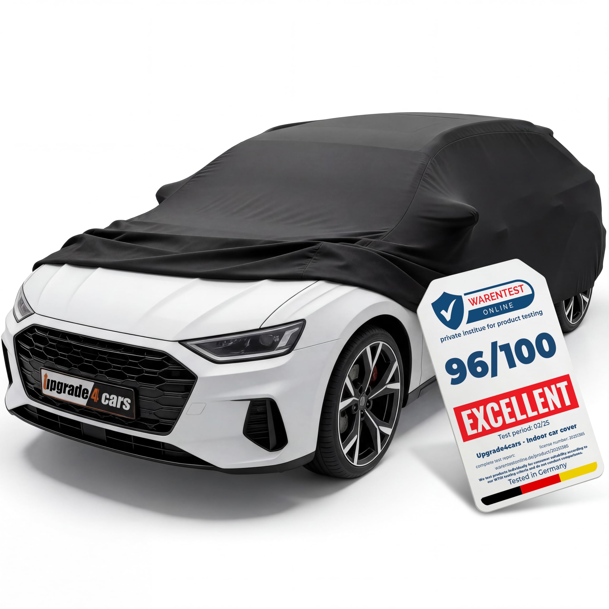 Upgrade4cars Plandeka na samochód, do użytku wewnątrz i na zewnątrz, rozciągliwa, z materiału w kolorze czarnym, rozmiar do samochodu osobowego – S (370-420 cm)