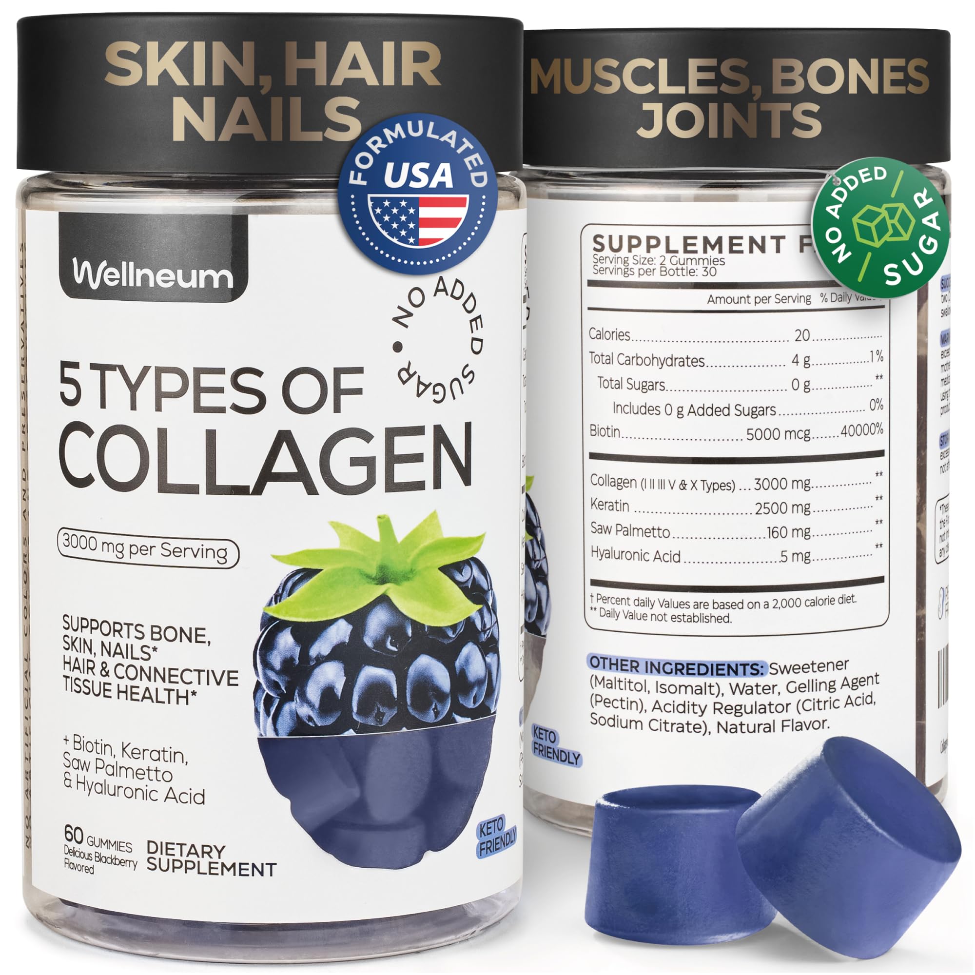 Collagen Peptide Gummies for Women and Men - Collagen Gummy Supplement for Healthy Hair, Skin, Nails and Bones - Hyaluronic Acid, Biotin, Keratin, Saw Palmetto - Sugar Free, No GMO and Gluten, 60 Pcs