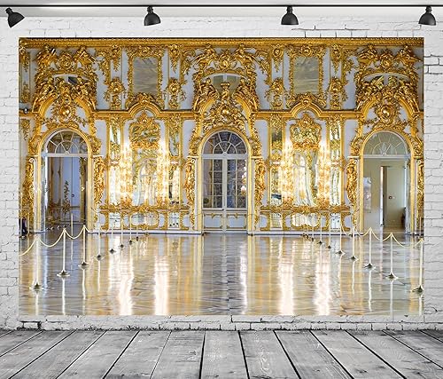 BELECO Telón de lujo de 20 x 10 pies para fotografía, palacio de Catalina, palacio real, sala de baile, tallados dorados, arco de pared, puerta,