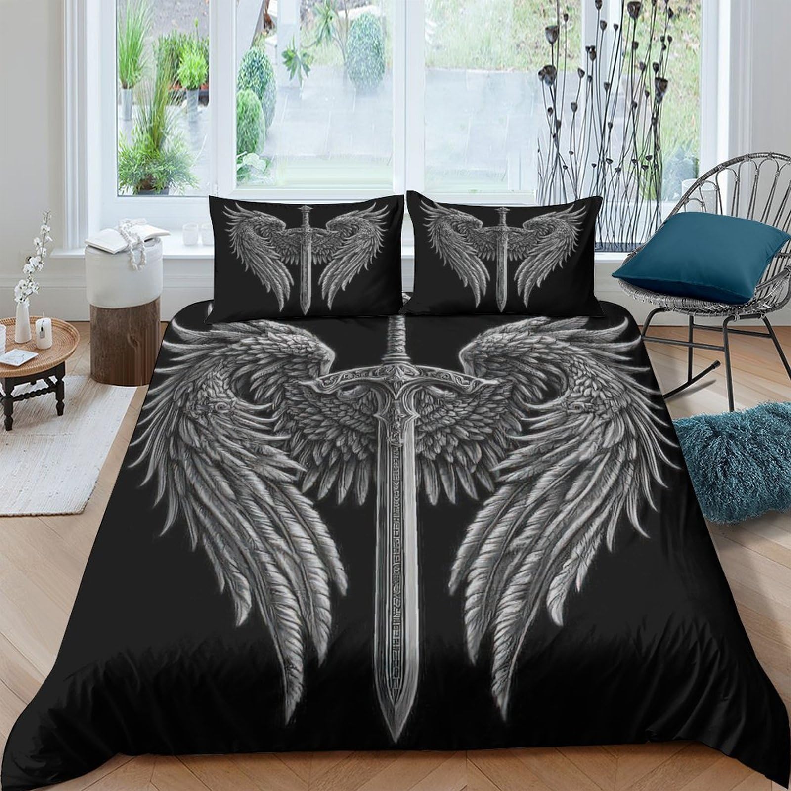 Ctjqhvkz Style-5 3D Printed Angel Wings Fitted Sheet Microfiber Soft Black Sword Bed Cover For Bedroom Dorm Guest Room Decor Single（135X200cm）