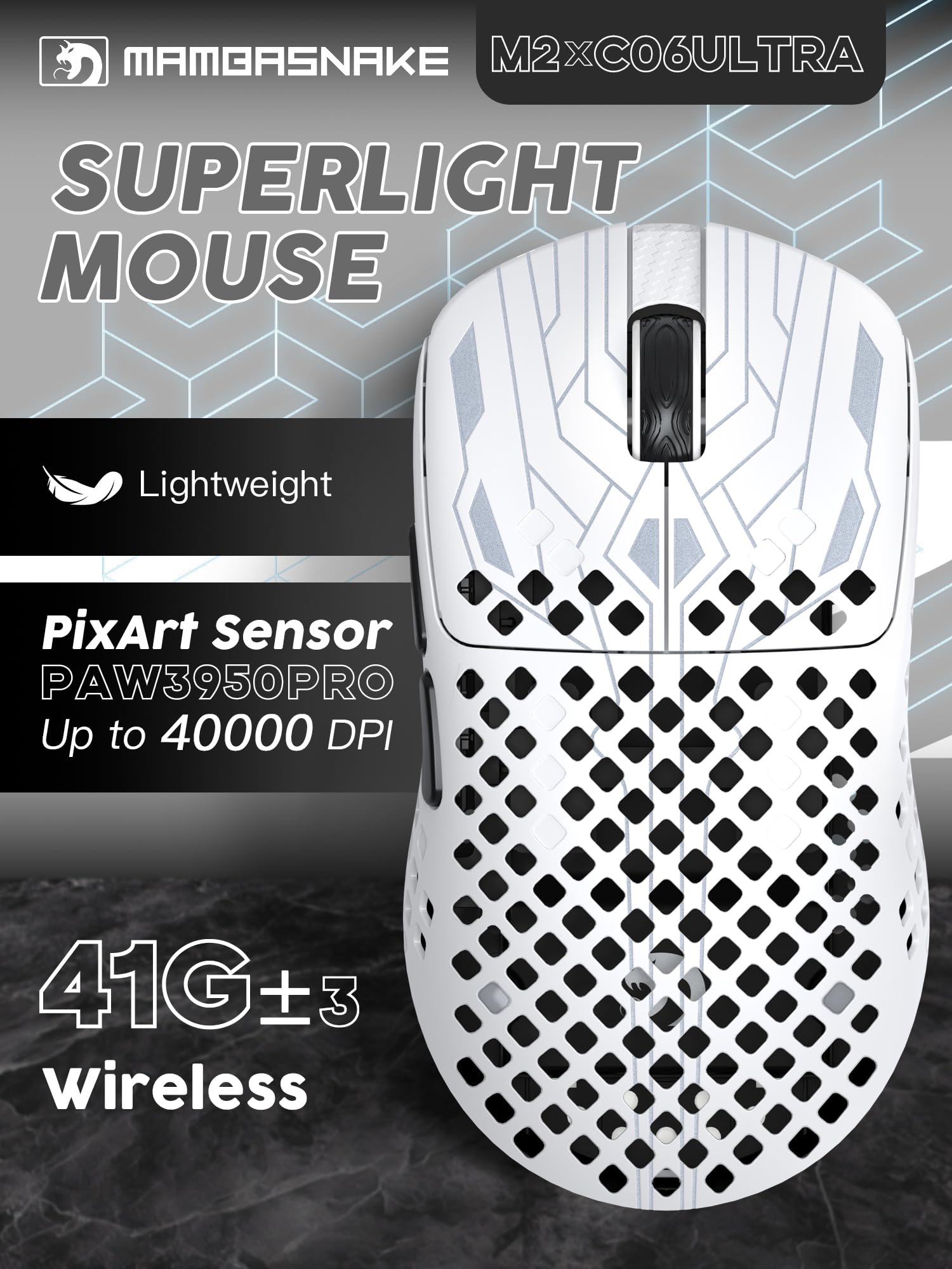 MAMBASNAKE M2 Ultra-Lightweight Wireless Gaming Mouse, PAW3395PRO Sensor 40000 DPI, 41g Carbon Fiber, Mouse Coiled Cable, Tri-Mode 2.4G/Bluetooth/Wired, 100M Clicks, Cloud Driver, Ergonomic Design - 2