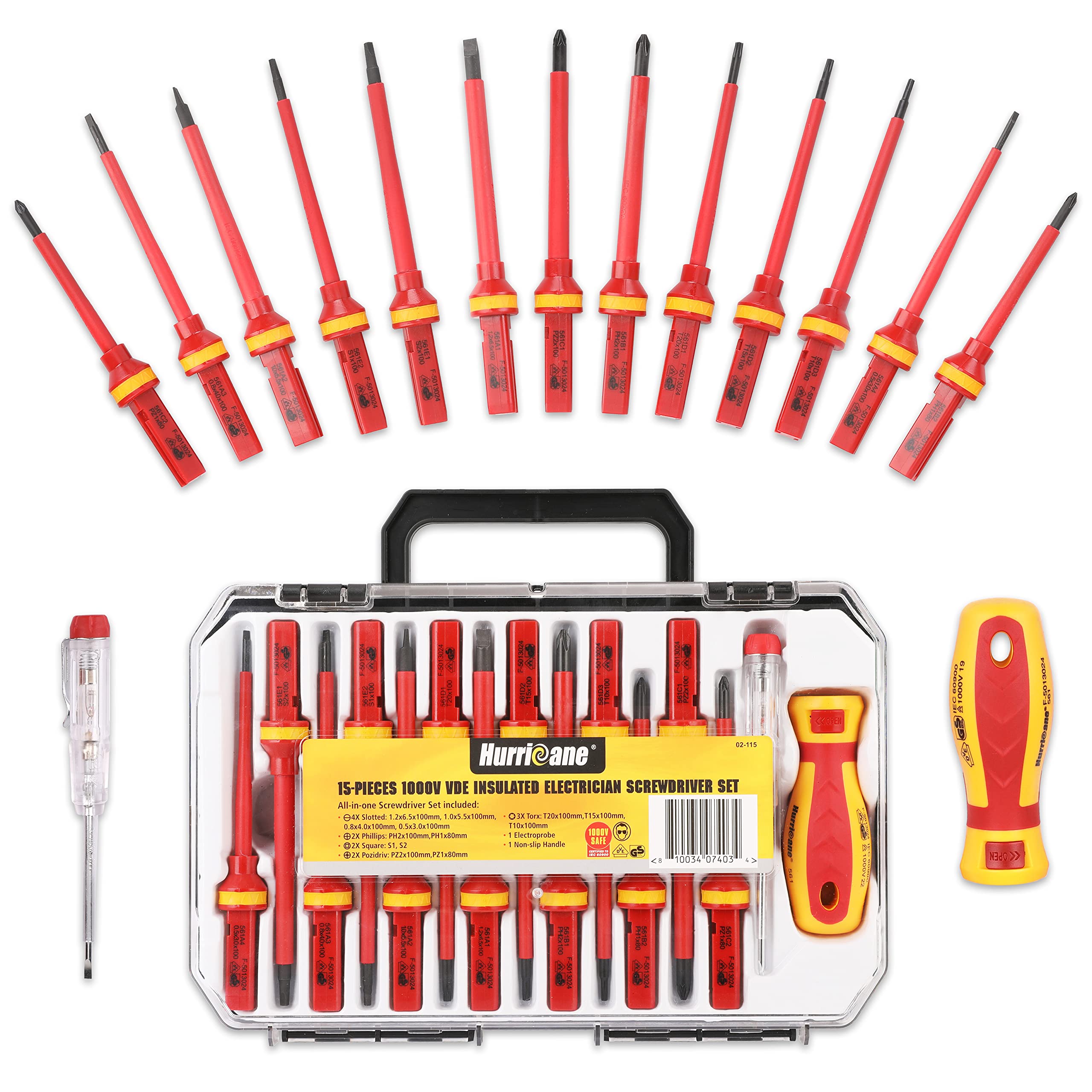 HURRICANEUpgrade 1000V Insulated Electrician Screwdriver Set, All-in-One Premium Professional 15-Pieces CR-V Magnetic Square Phillips Slotted Pozi Torx Screwdriver