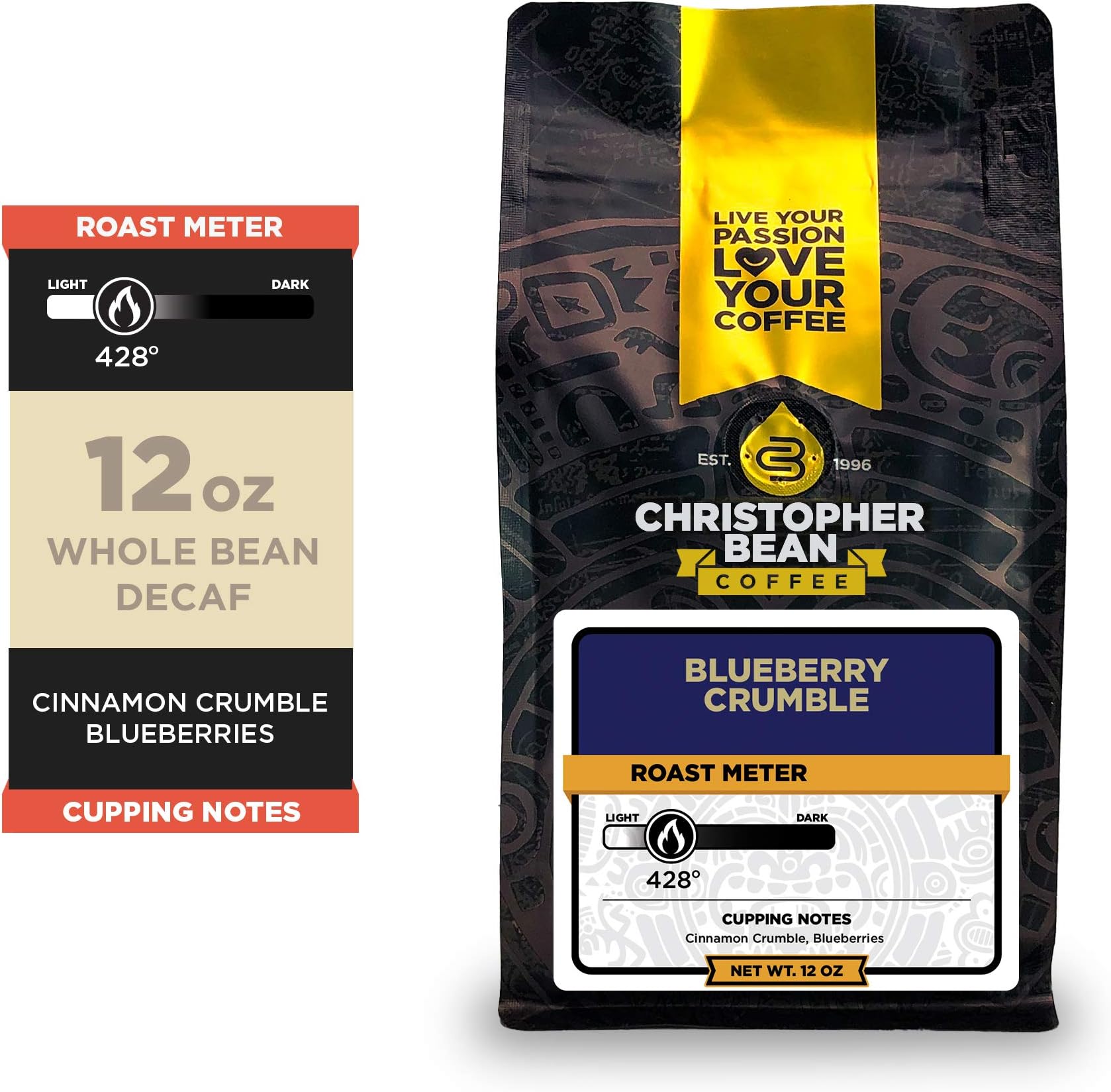Christopher Bean Coffee - Blueberry Crumble Flavored Coffee, (Decaf Whole Bean) 100% Arabica, No Sugar, No Fats, Made with Non-GMO Flavorings, 12-Ounce Bag of Decaf Whole Bean coffee