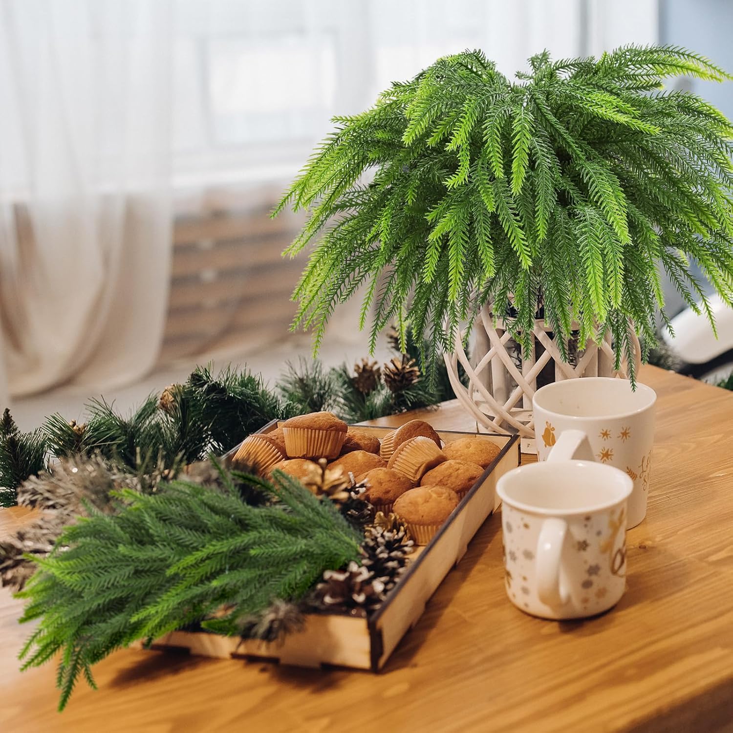 Whaline 12Pcs Christmas Norfolk Pine Branches Stems 18 Inch Artificial Fake Xmas Pine Needles Picks Faux Greenery Sprigs for Vase Fillers Christmas DIY Wreath Winter Holiday Decoration - Image 5