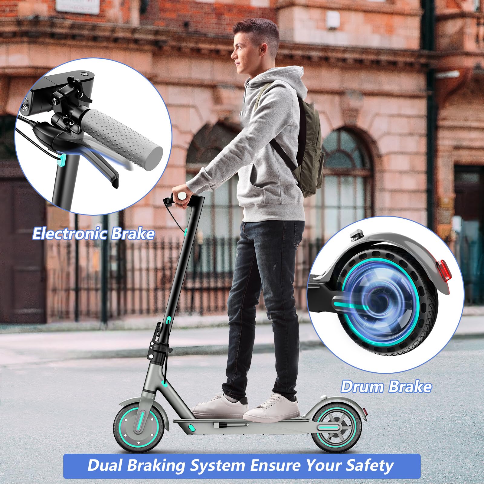 Trottinette Électrique Adulte, Moteur de 350W, Vitesse Max 25 km/h, 3 Modes de Vitesse, Autonomie 30-35KM Batterie 36V 10.5Ah, Pneus Solides 8.5'', Double Frein, APP
