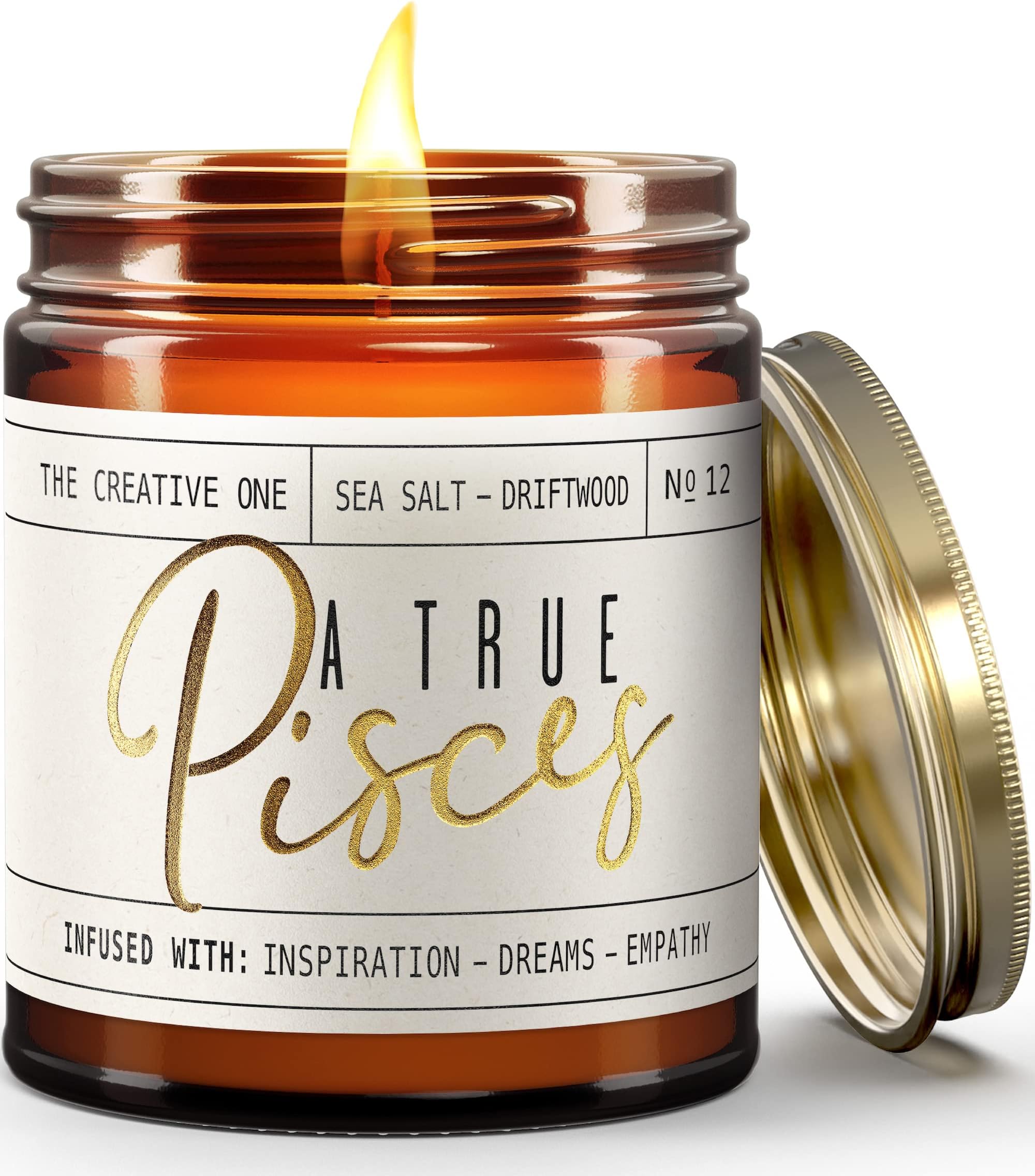 Pisces Gifts for Women, Zodiac Gifts - A True Pisces Soy Zodiac Candle, w/Sea Salt & Driftwood I Astrology Gifts for Women I 9oz Reusable Amber Glass Jar, 50 Hr Burn Time, Made in USA