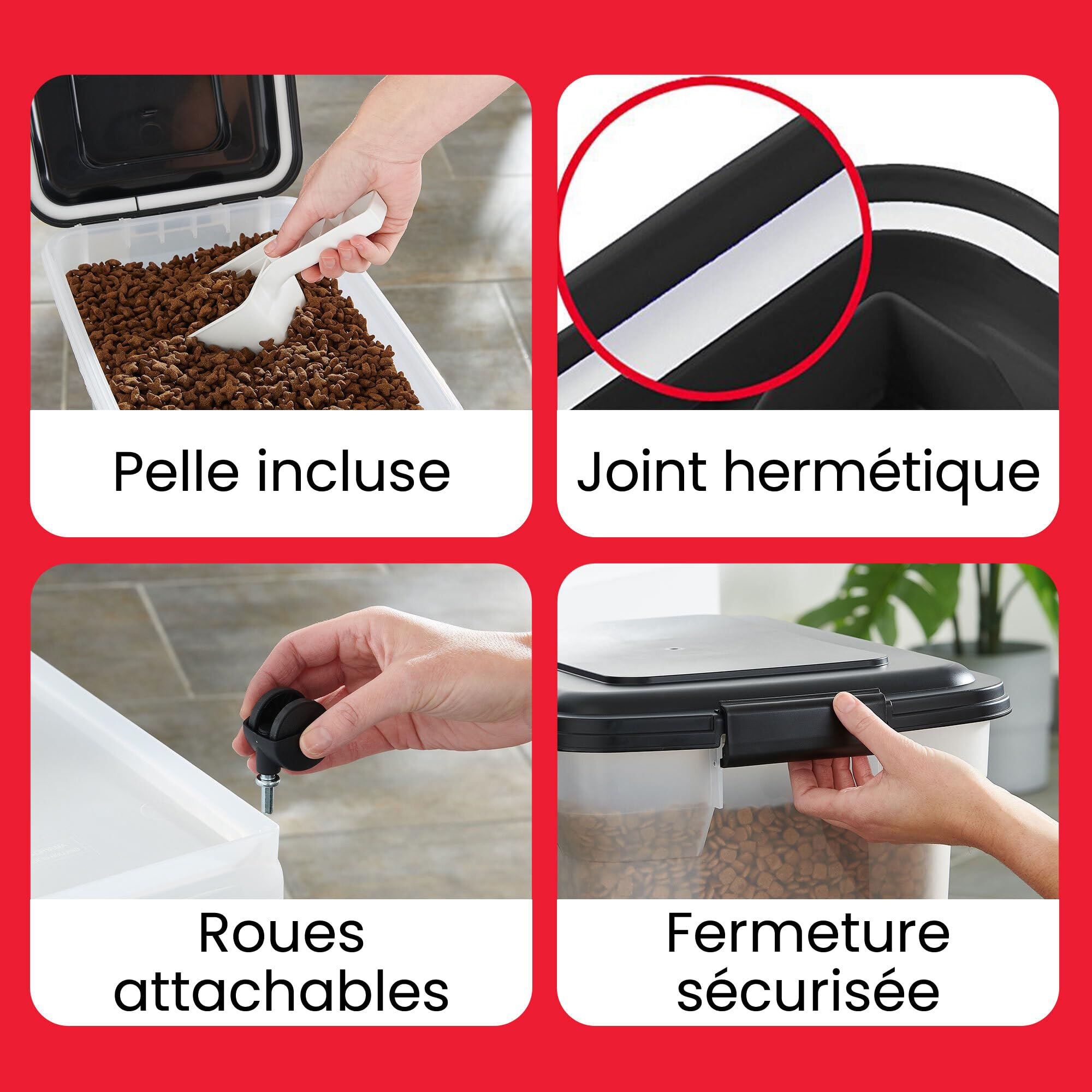 Iris Ohyama, Boite Croquette Chien Hermetique à roulettes, 40L/15kg, Blanc, Couvercle à Rabat avec Joint Etanche, Plastique, pour Chien, Chat, Friandises, Conteneur Croquettes, sans BPA, ATS-L