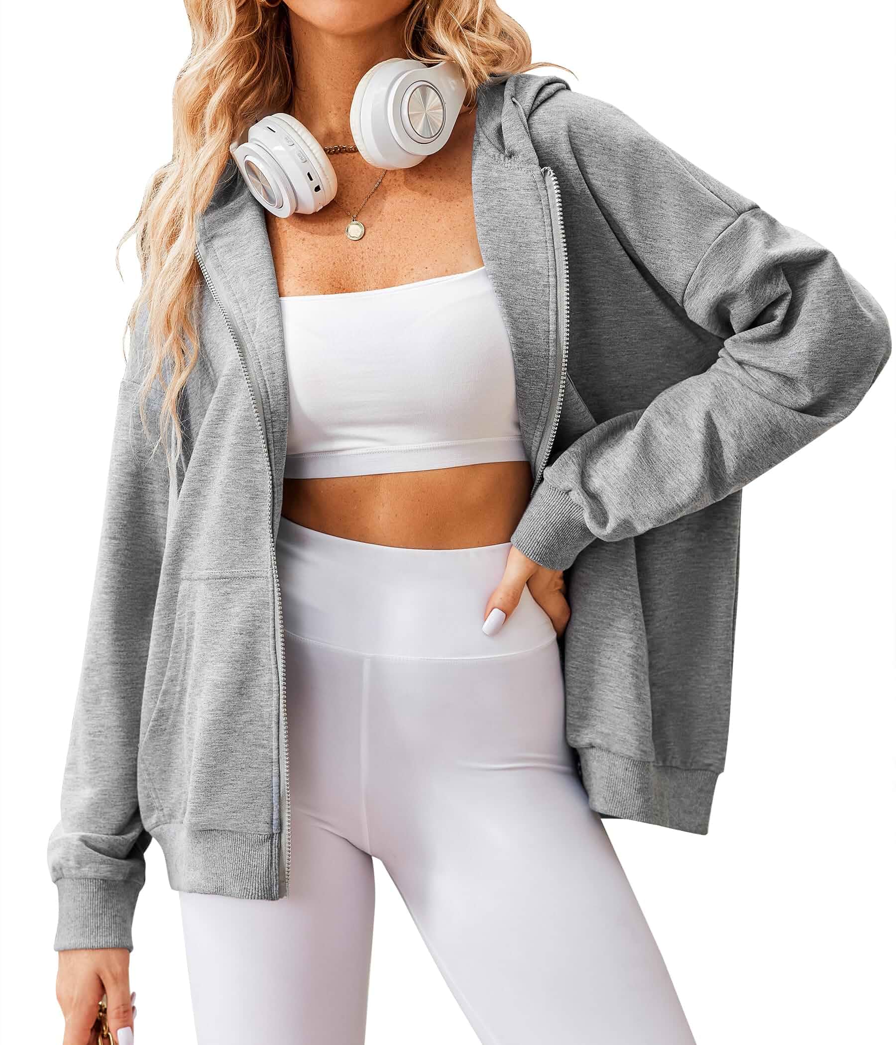 Zeagoo Women's Lightweight Hoodies Full Zip Up Oversized Sweatshirt Trendy Hooded Sweatshirts with Pockets Long Sleeve Thin Casual Zipper Jackets Fall Spring Essentials Hoodie