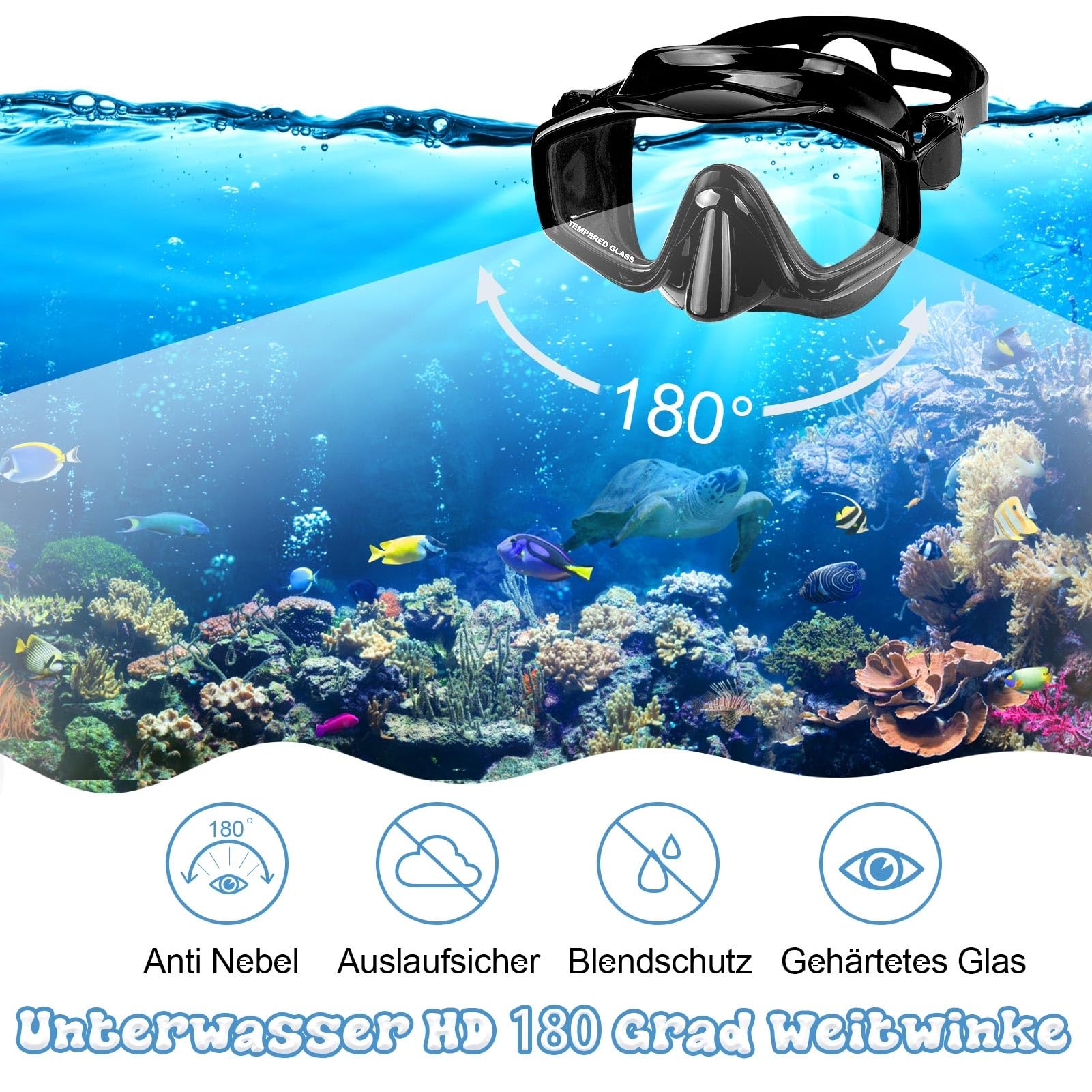 MILFECH Schnorchelset Erwachsene, SchnorchelnSet mit Taucherbrille und Trocken Schnorchel,Anti-Fog Anti-Leck Schnorchelmaske aus Gehärtetem Glas,für TauchenSchnorcheln Schwimmen,DrySchnorchel(Schwarz)