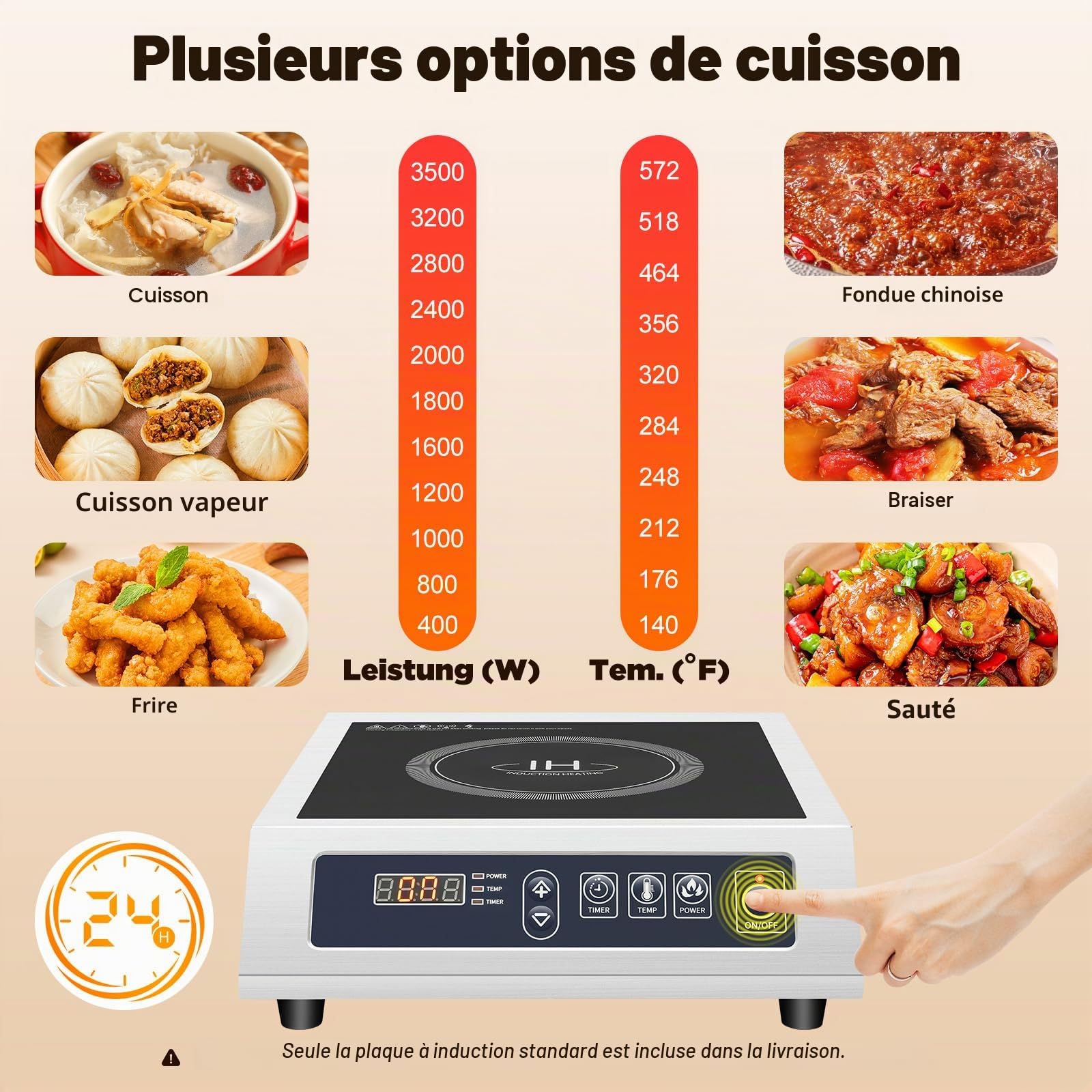 Plaque de cuisson à induction professionnelle 3500 W - 11 niveaux de puissance - Minuterie 24 h - Pour la restauration et la maison - Verre microcristallin - Prise européenne (argenté/bleu