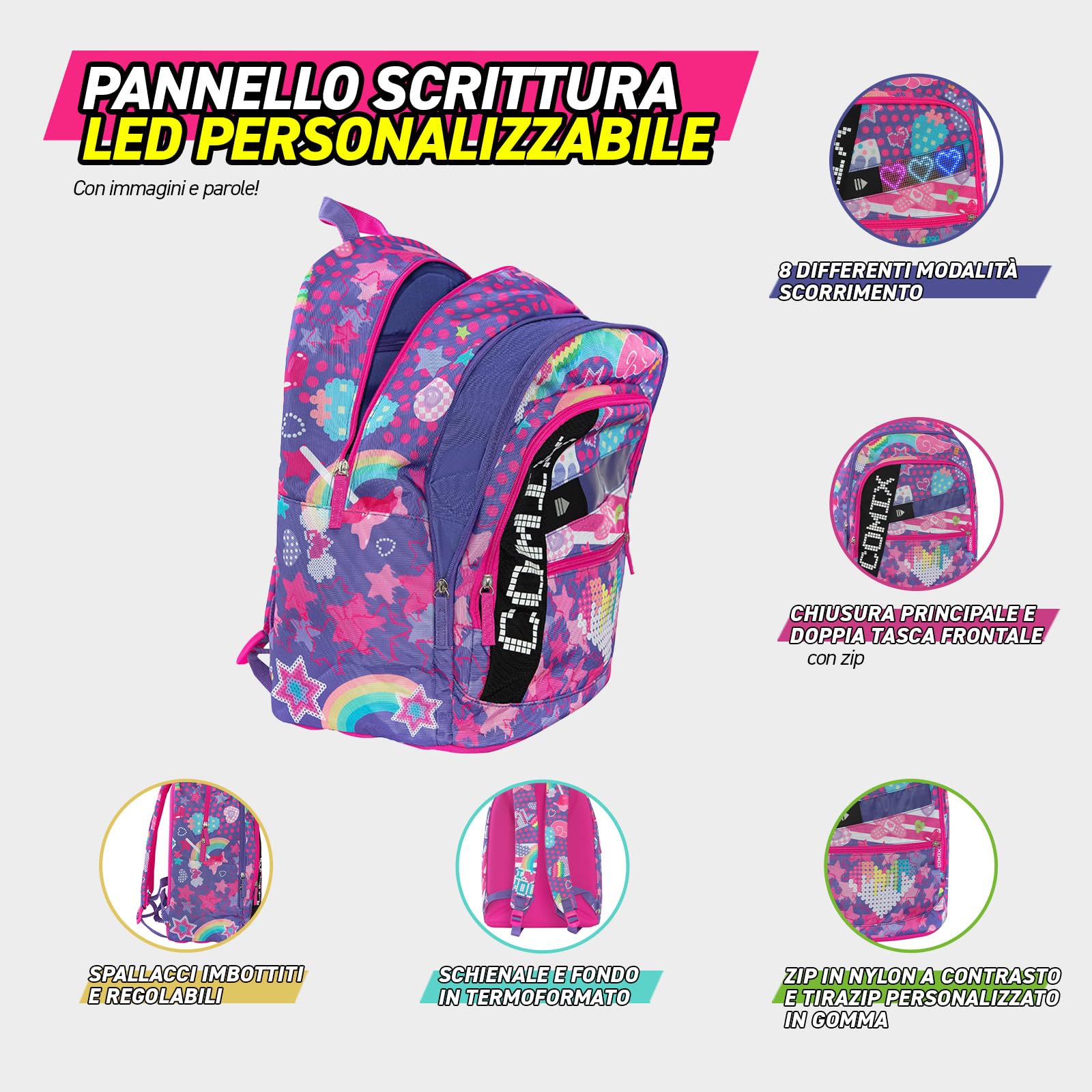 COMIX Ultra Bright - Zaino Scuola Pannello Scrittura Led Personalizzabile, 3 Ampi Scomparti, Tasca Frontale, Schienale e Fondo Termoformati, Spallacci Imbottiti e Regolabili, 32x43Hx23 cm, 31 L