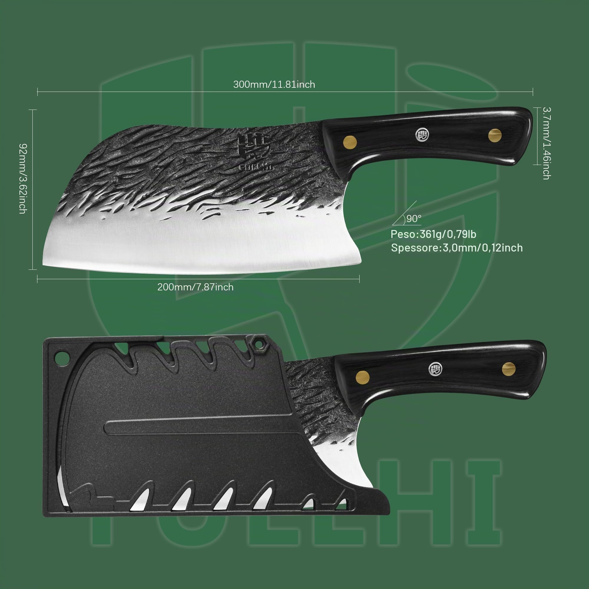 FULLHI Coltello da cuoco manico in legno Tang Butcher Knife con fodero 2pcs, coltello da cucina per esterni, campeggio barbecue (Nero, Coltello da cuoco serbo)