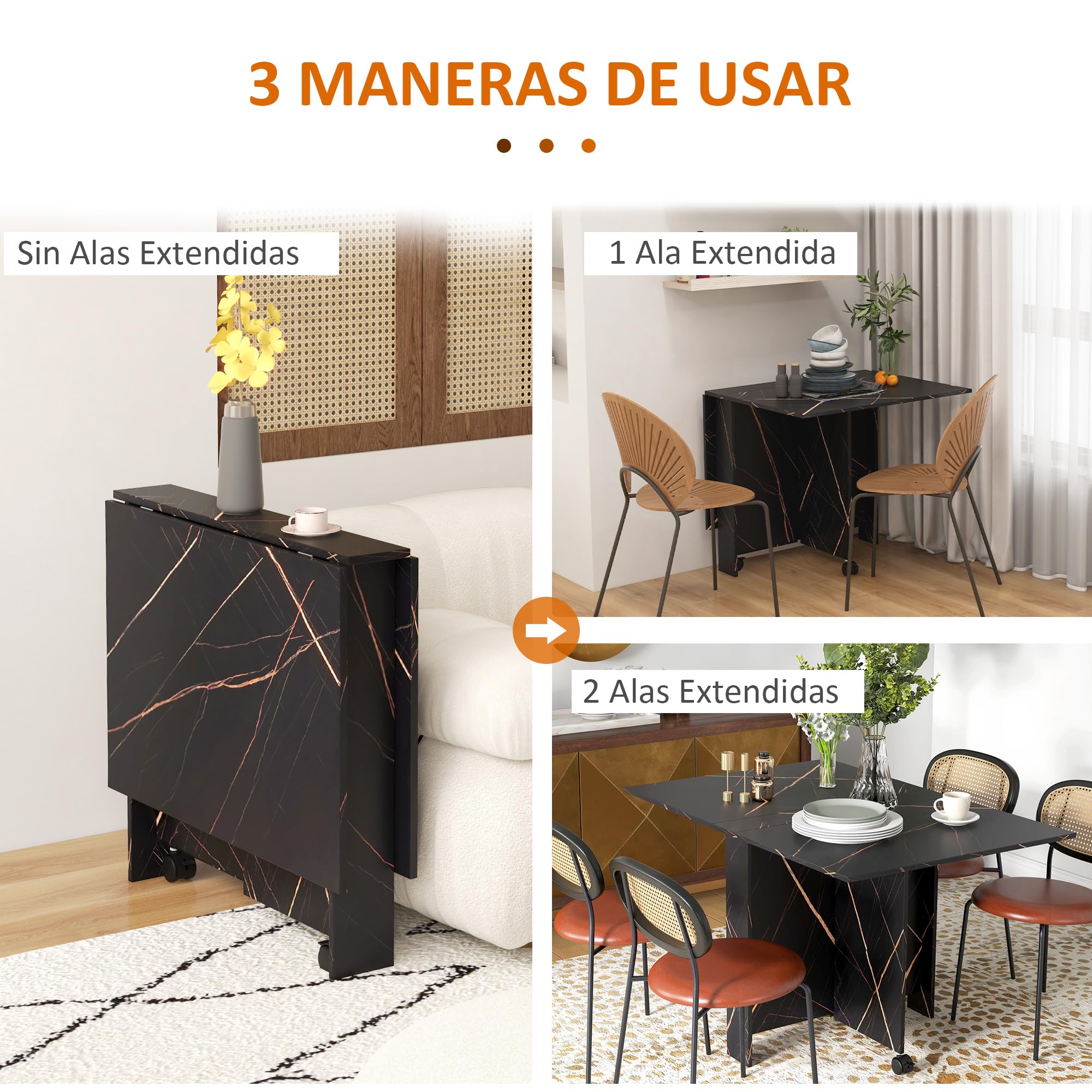 HOMCOM Mesa Plegable de Comedor Ruedas 120x80x73 cm Negro con Efecto Mármol | Mesa de Cocina Plegable, Alas Abatibles, Hasta 6 Personas, para Salón, Espacio Pequeño