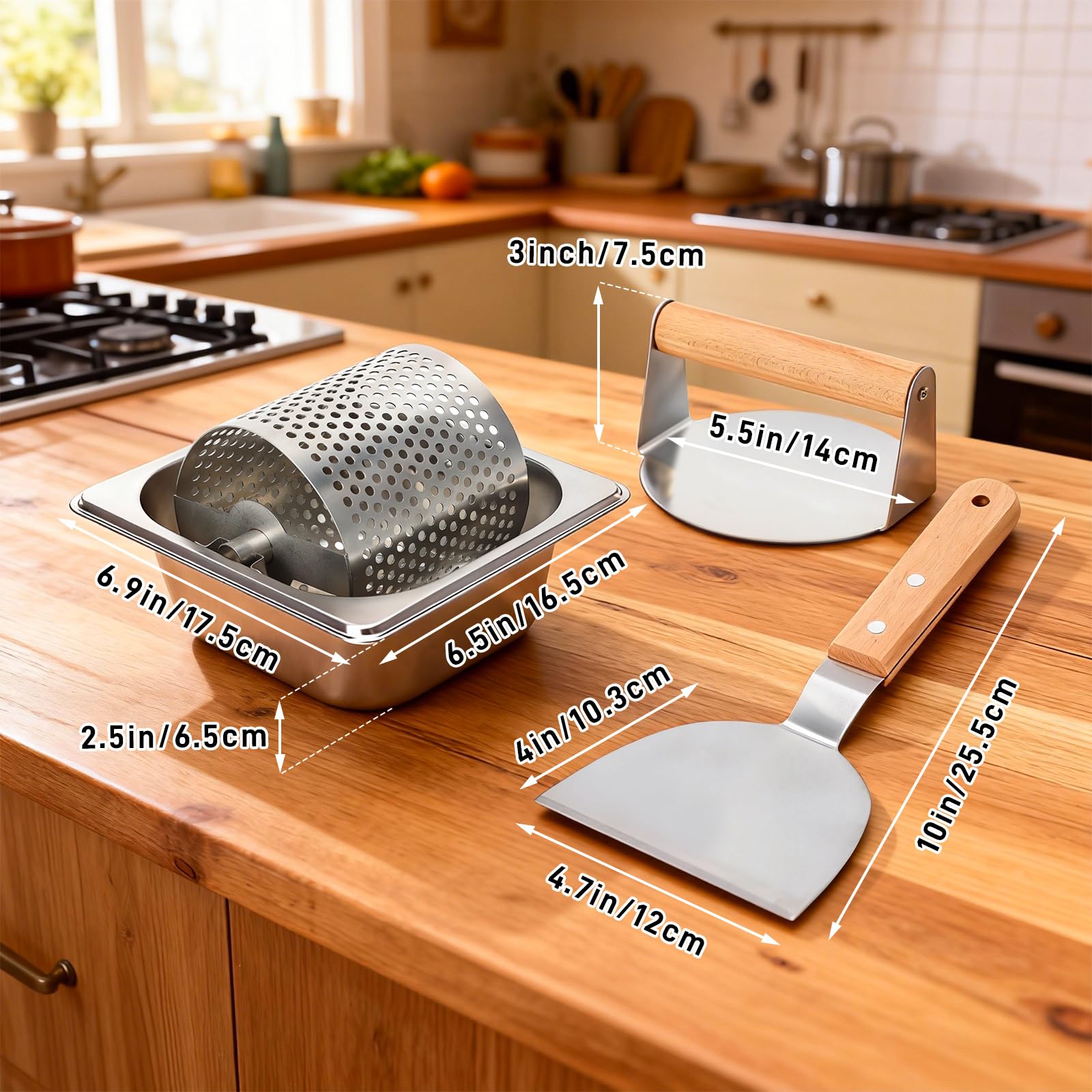 Rouleau à beurre pour petits pains avec presse à hamburger de 14 cm et spatule à griller – Capacité de 0,9 kg – Kit de grille pour tartiner uniformément le beurre fondu sur le pain, les hamburgers et