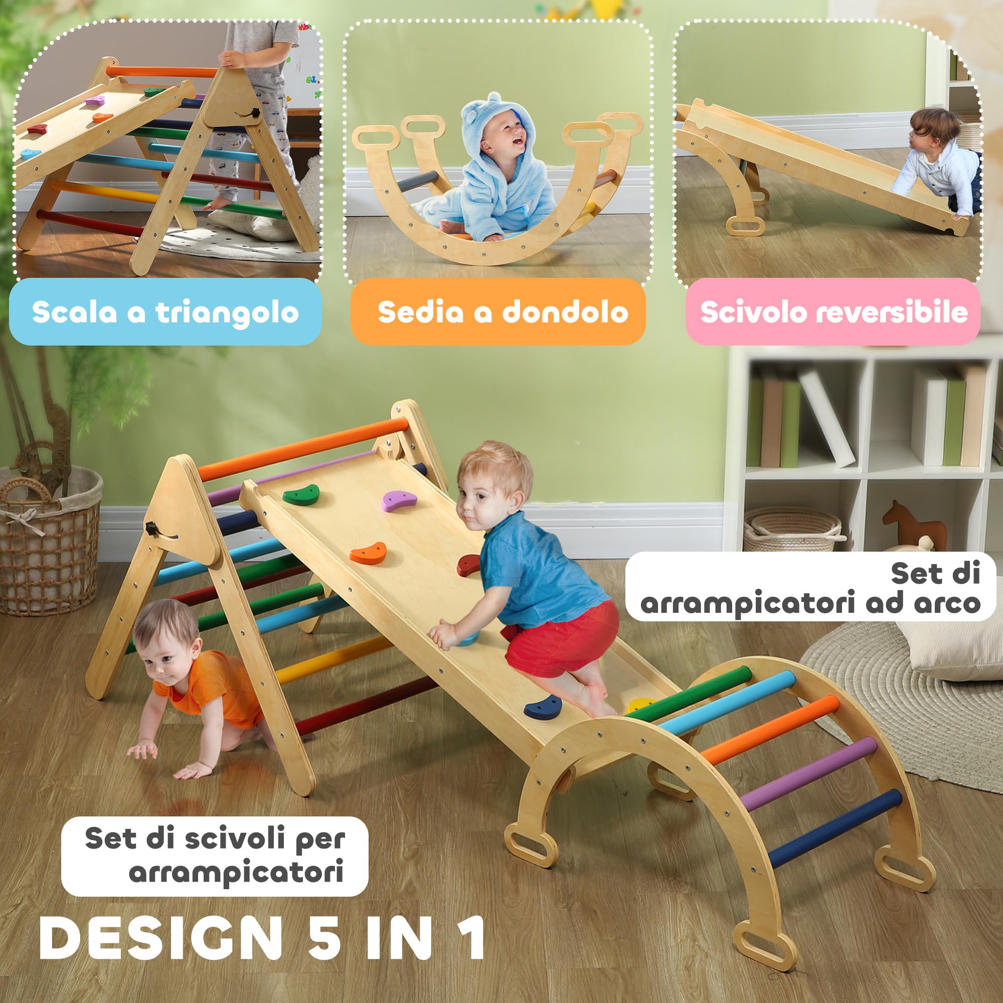 AIYAPLAY Gioco da Arrampicata 5 in 1 per 18-48 Mesi 178x64.5cm Multicolore | Gioco per Bambini, Pino Massello, Triangolo, Arco Montessori, Rampa con Pietre, Carico Massimo 50 kg