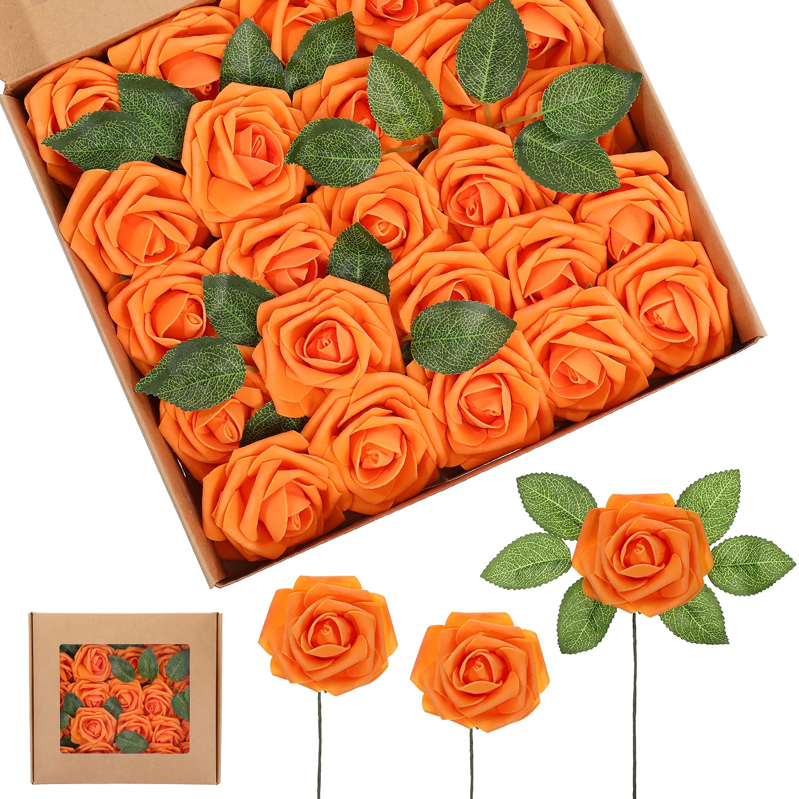 Roses artificielles orange (lot de 50) en mousse vintage avec tiges pour table