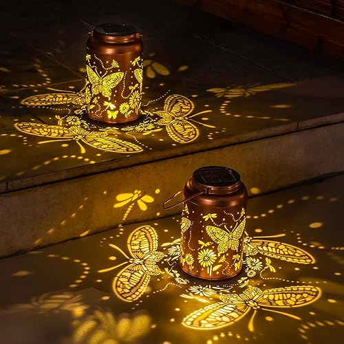 Miniatura 8 de WACLSTDAY Faroles solares colgantes para exteriores, luces solares decorativas de mariposa, farol cuadrado de metal, impermeable, luz LED decorativa