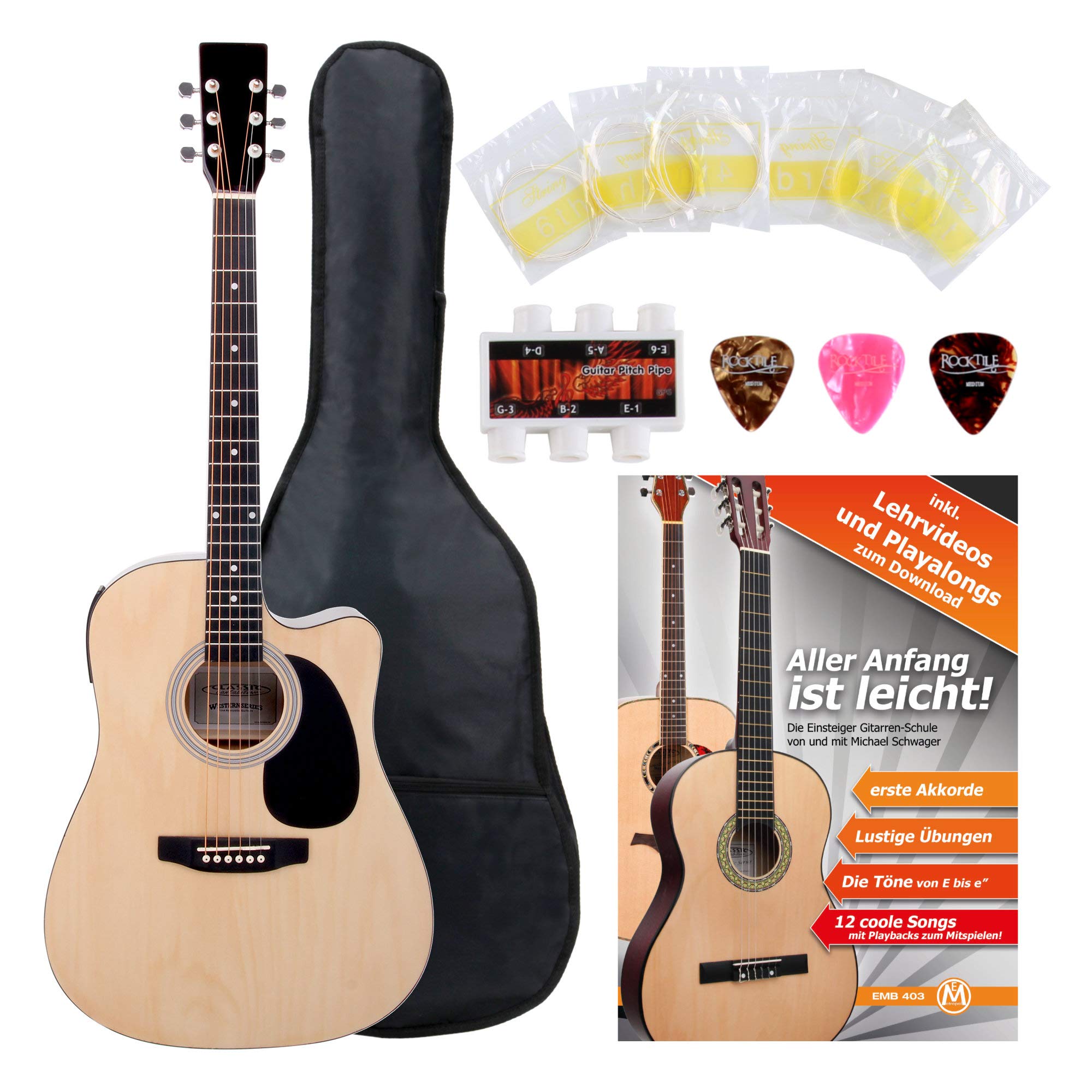 Classic Cantabile WS-10NAT-CE Westerngitarre mit Tonabnehmer Starter-Set (Dreadnought-Style, Cutaway, 6 Saiten, 20 Bünde, inkl. Zubehörset, Gitarrentasche, Notenheft, Saiten, Plektren) natur