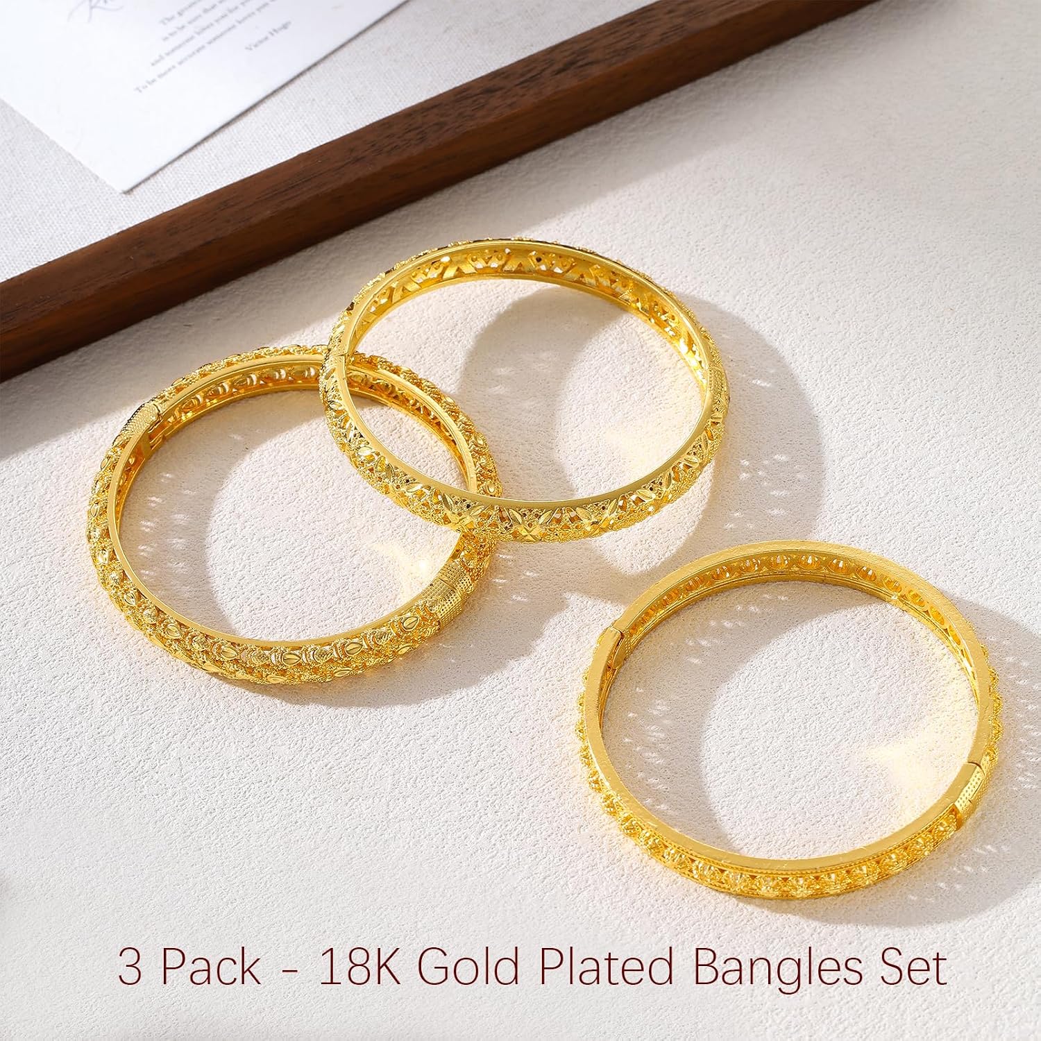 18K Gold Plated Bangle Bracelets Set for Women, 3 Pcs Hollow Out Carving Dubai Temple Indian African Kashmiri Designs Bangles, Waterproof Non Tarnish Fashion Jewelry Gift for Mom Her Birthday Valentine Mother's Day Christmas