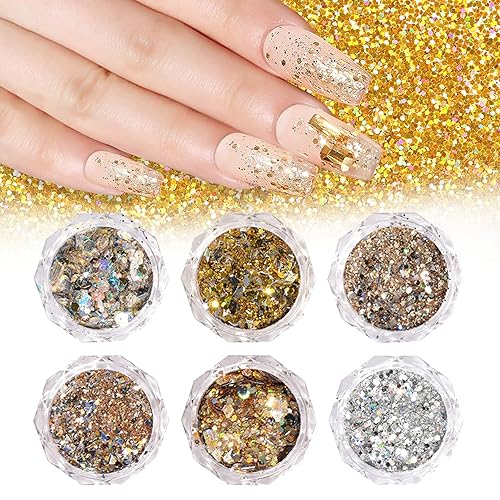 CYHYII - Juego de 6 cajas holográficas para arte de uñas, lentejuelas metálicas, lentejuelas acrílicas con purpurina para uñas, lentejuelas