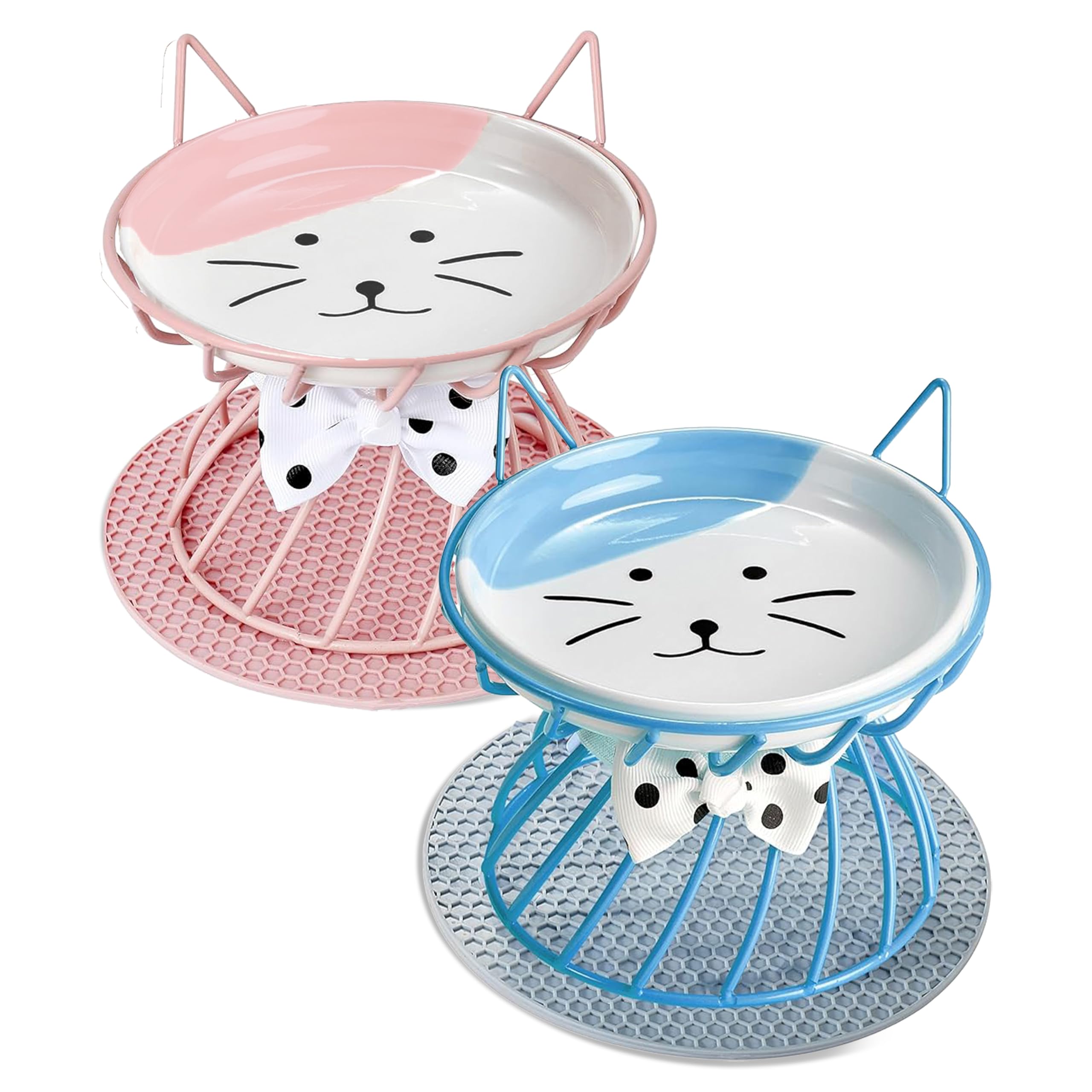 2 platos poco profundos de comida para gatos con alfombrilla antideslizante, cuenco elevado de comida para gatos con soporte de metal elevado, protege la columna vertebral del gato, cuenco