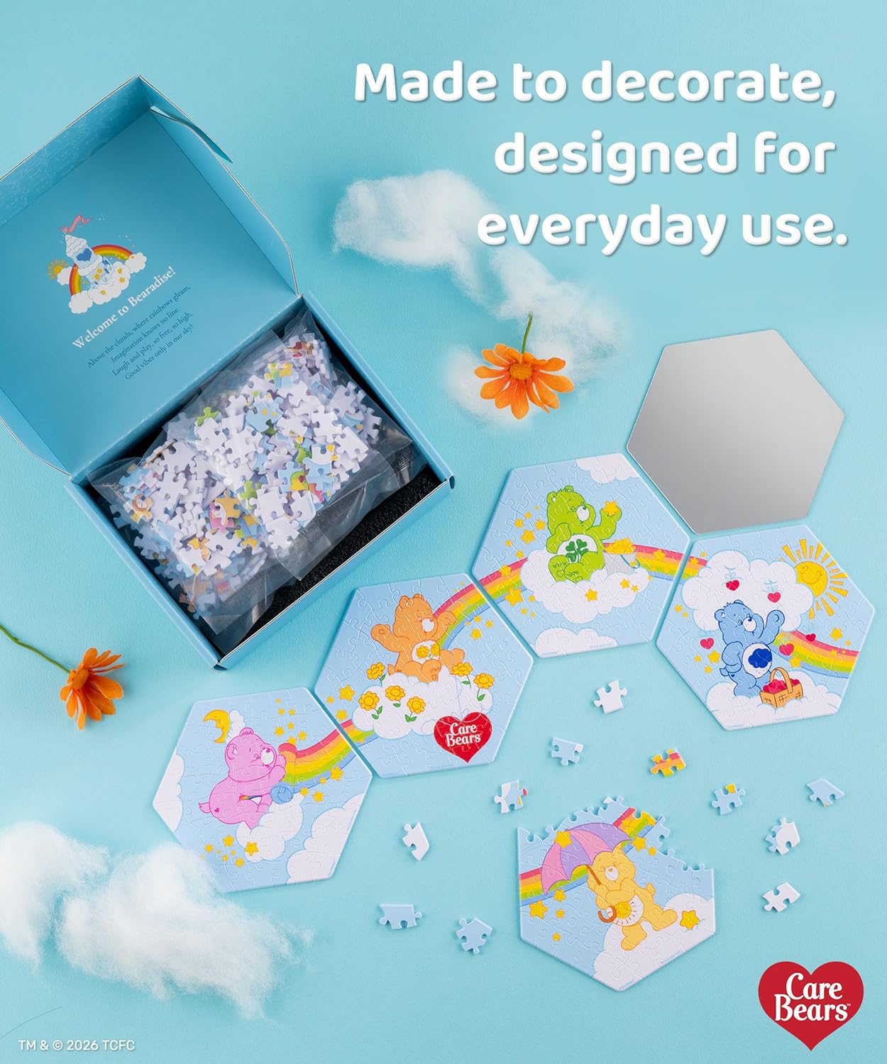 Care Bears™ by PieceRelax 5-Pack Hexagon Wall Tile Puzzle Set 56 Plastic Pieces with Mirror - Bearadise - Unique Gift & Home Décor with Restickable Strips No Glue Needed [HX1287]