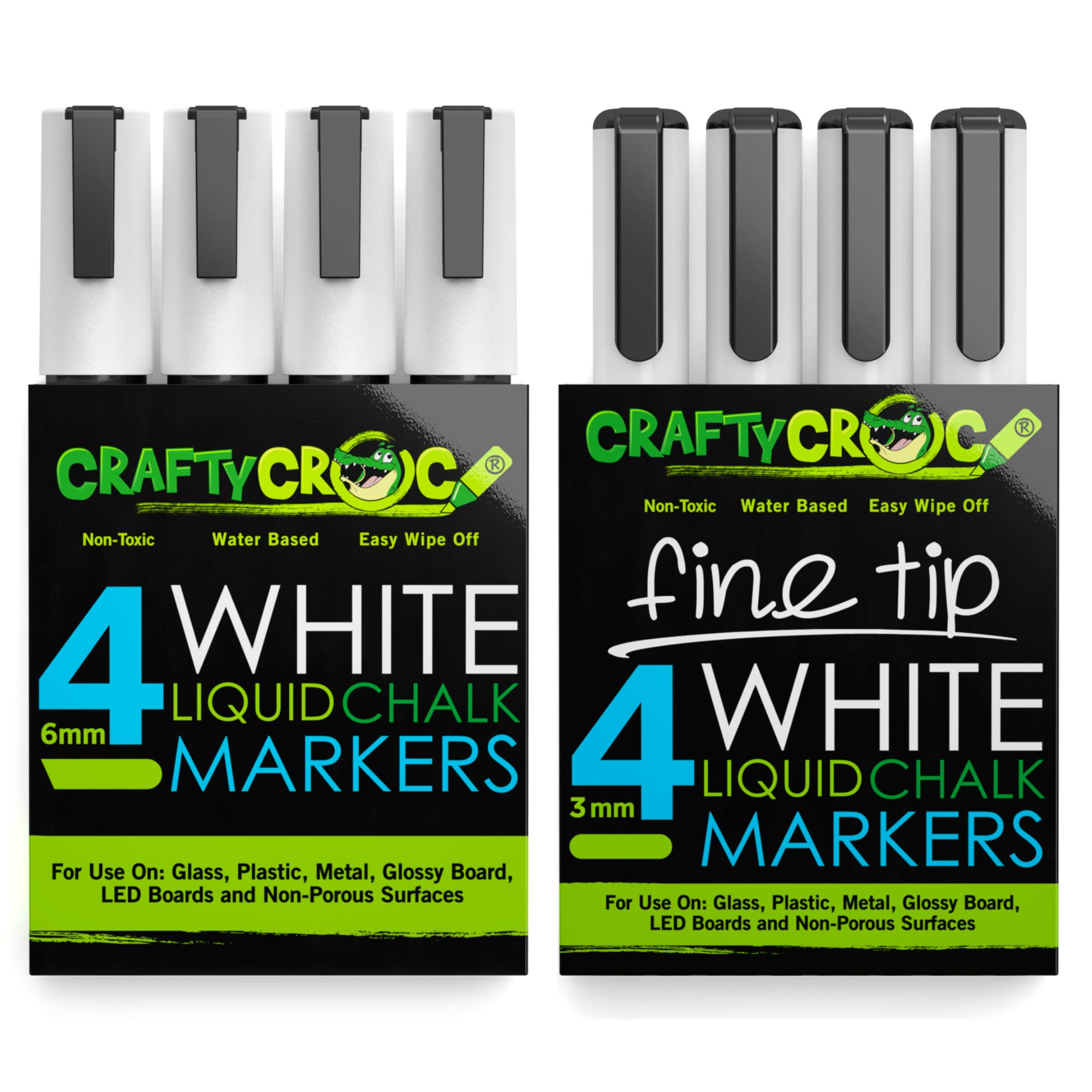 White Chalk Markers Bundle, 4 Pack White, Medium 6mm Tips and Fine 3mm Tips