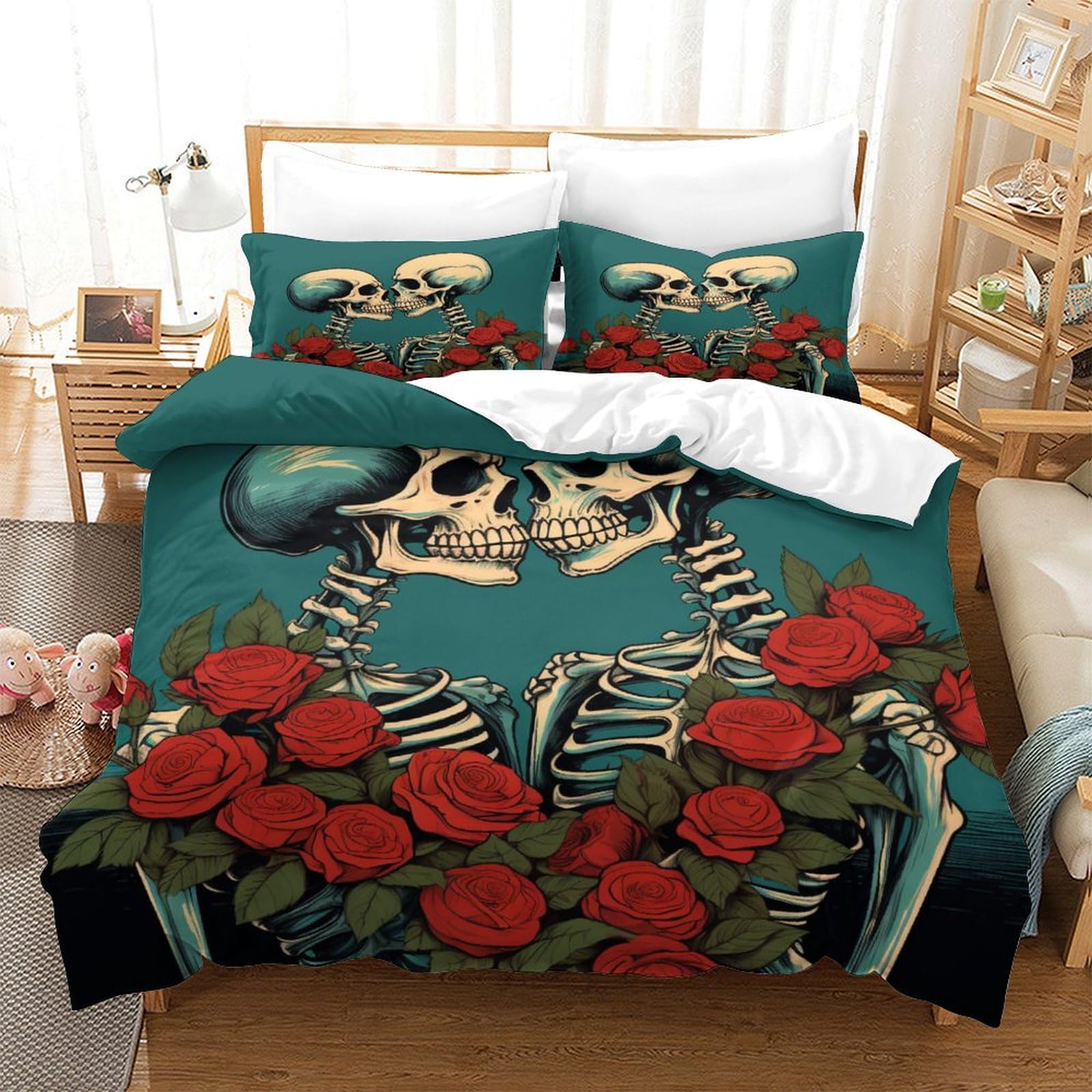 P1S9U7W5Y 3D Printed Skull Rose Duvet Cover Set 3pcs Microfiber Rose Skull Bedding Set Double