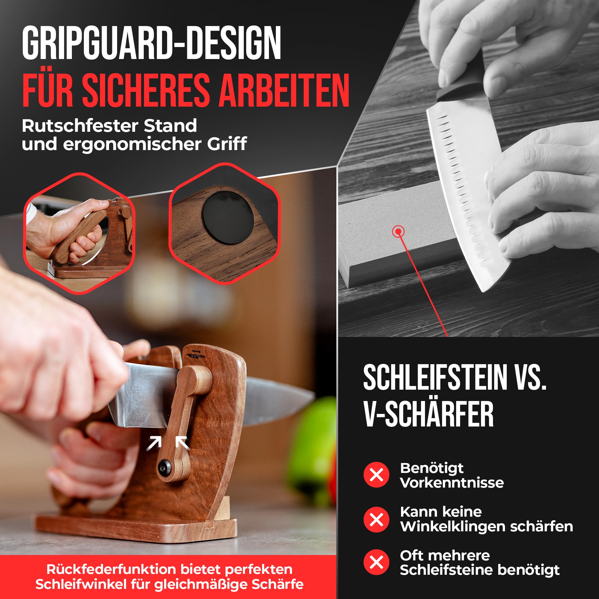 Messerschärfer [Walnuss] – Messerschleifer für glatte & gewellte Messer inkl. Keramik-Nachschleifstab | Scherenschleifer, Messer & Scheren-Schärfer | Knife Sharpener