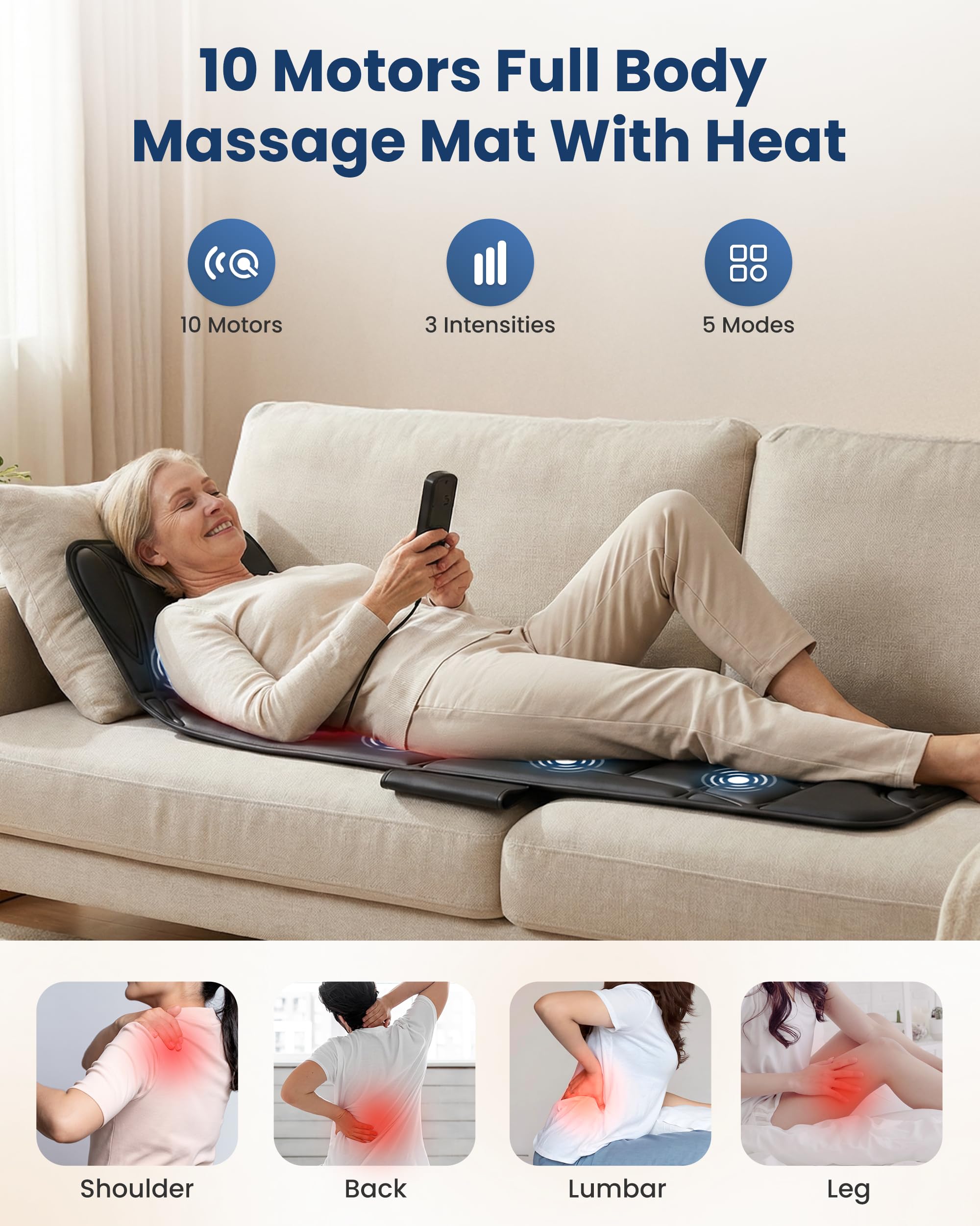 COMFIER Colchoneta de Masaje Cuerpo Completo con Función de Calor, Masajeador de Espalda con Masaje por Vibración, 10 Motores de Vibración, 5 Modos de Masaje y Función de Apagado Automático, Regalo