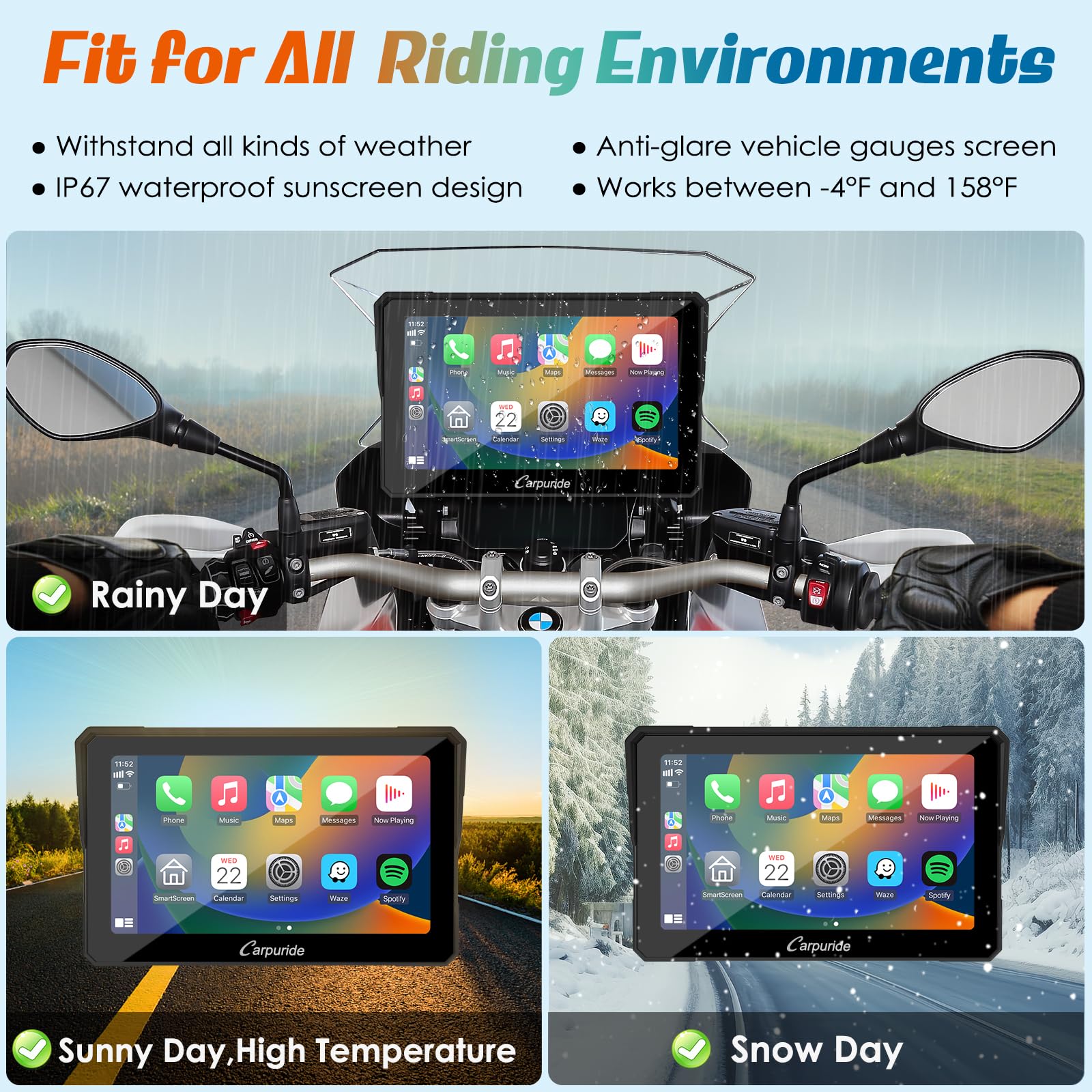 Tela sensível ao toque Carpuride W702B para motocicleta
