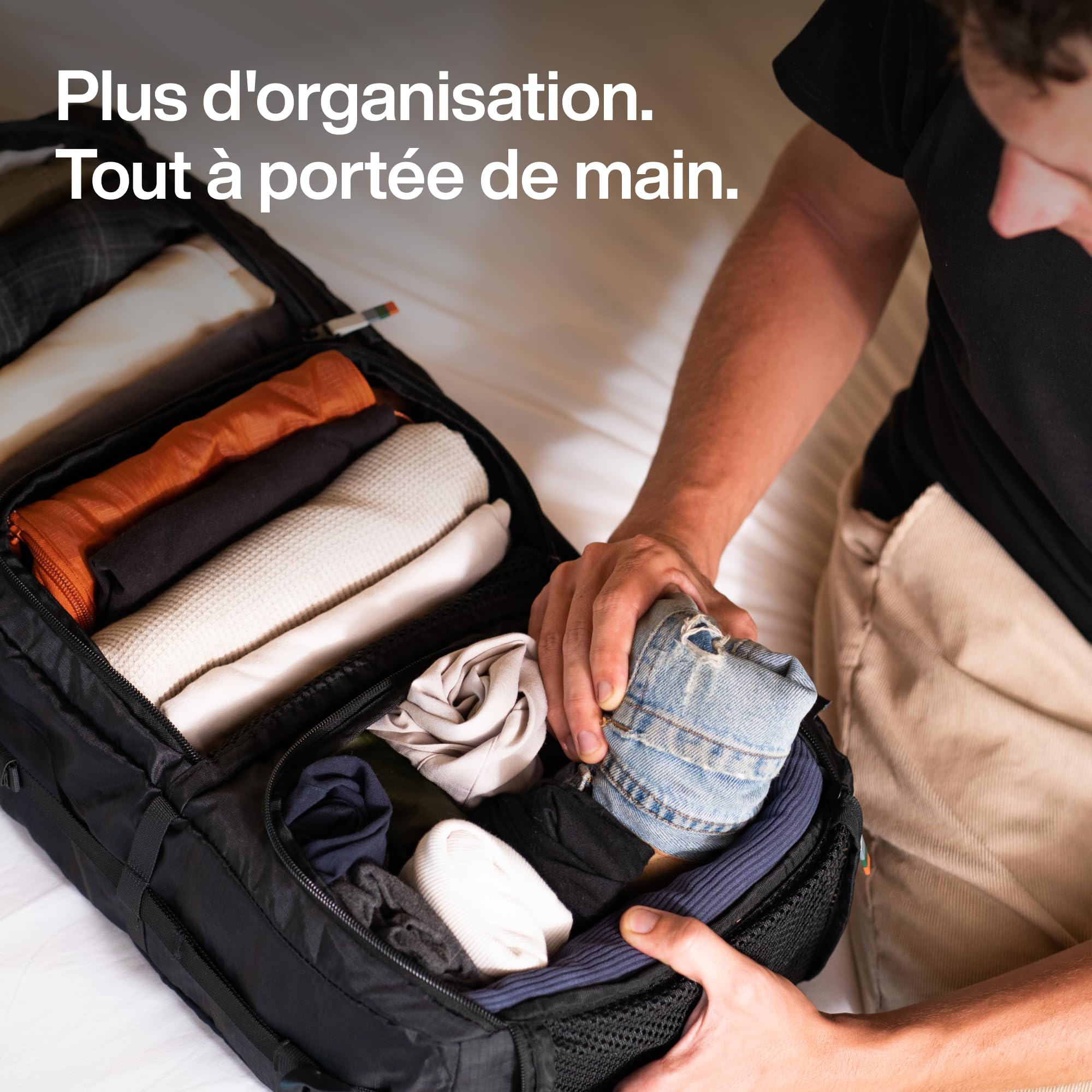 TRAVEL DUDE Compartimenteur de valise à susprendre, avec compression, en plastique recyclées | Cube d'emballage suspensible pour sac à dos | Sacs d'emballage portatifs pour sacs de voyage | Noir