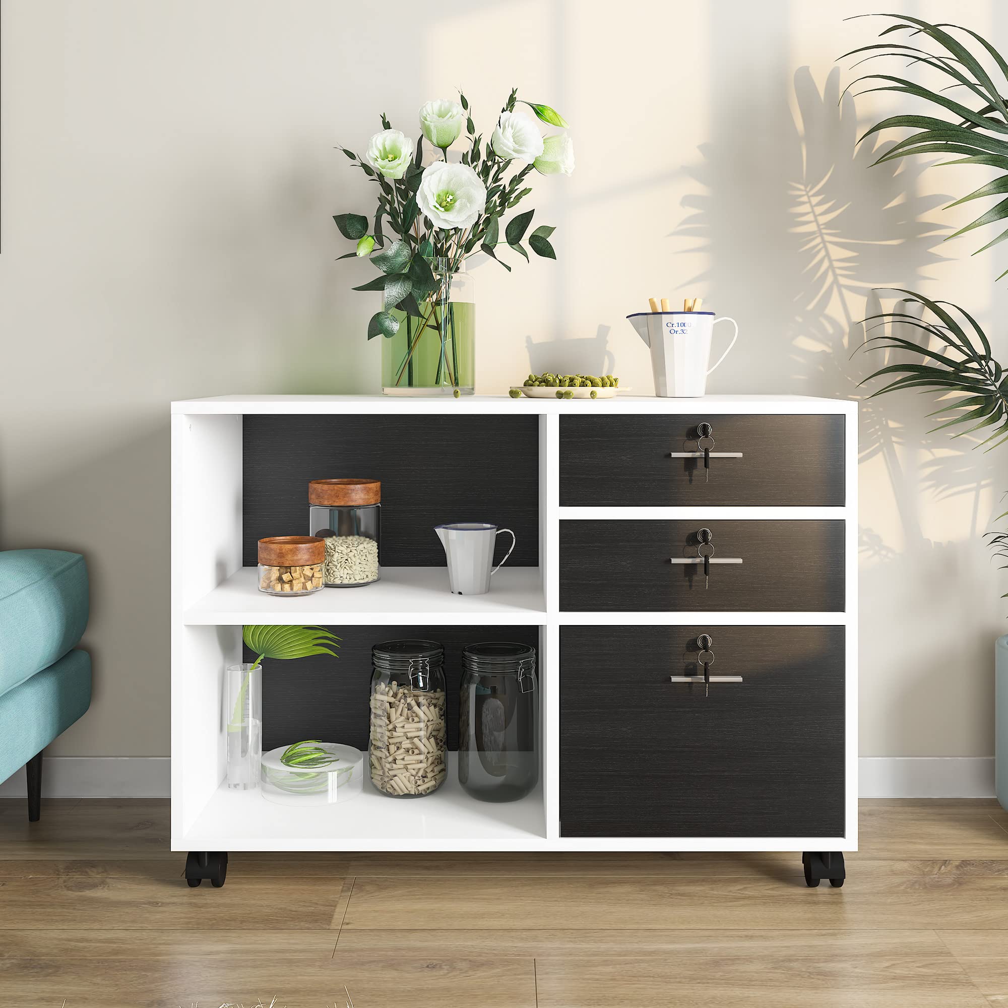 YITAHOME Archivador móvil con 3 cajones con Cerradura, archivador Lateral de Madera para Oficina en casa, gabinete de Almacenamiento para Documentos tamaño Carta, Mesa de Soporte para Impresora con
