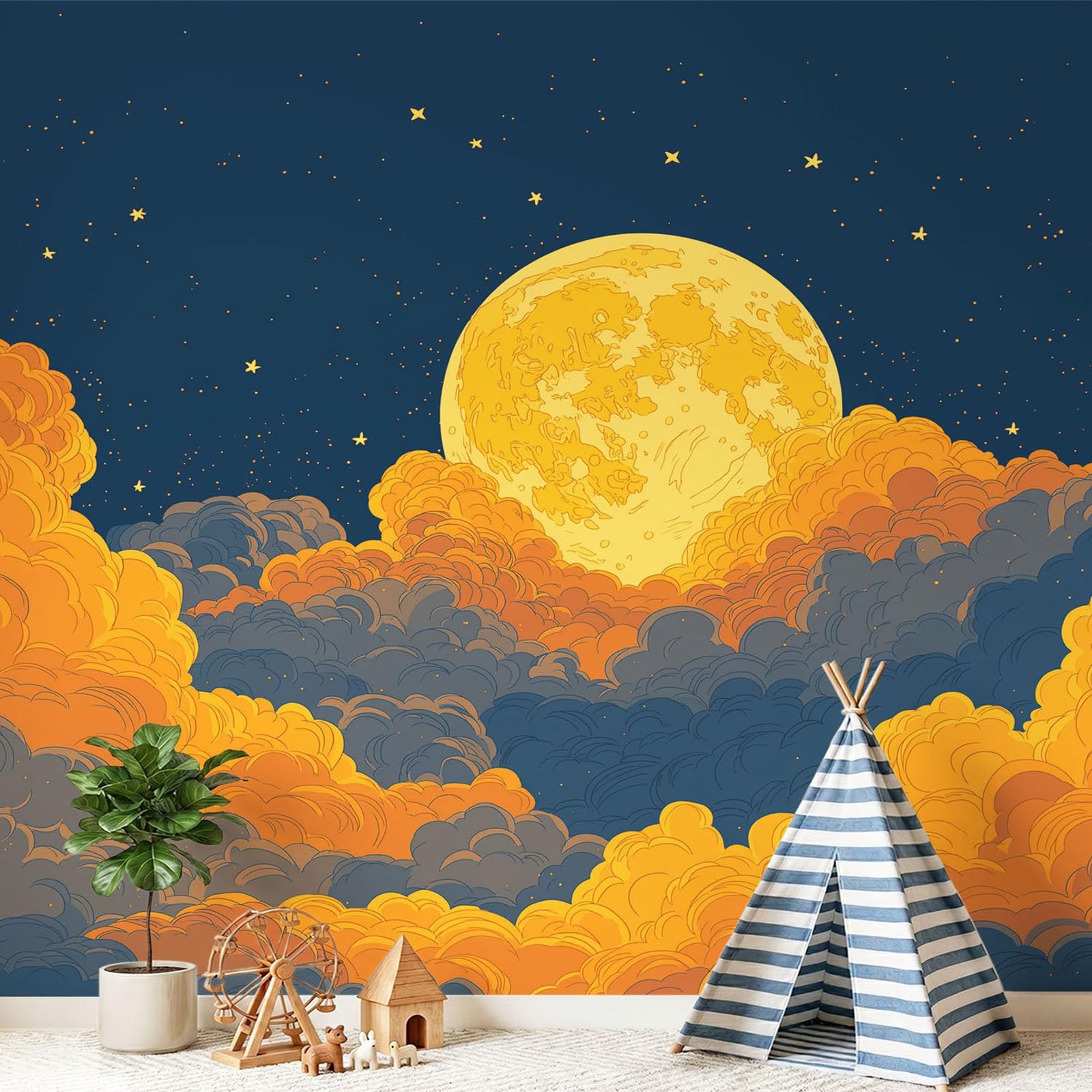 Tapeta 3D, mistyczna, świeża, majestatyczna, 400 x 280 cm, mural ścienny, księżyc, chmura, tapeta mural do sypialni, przedszkola, malowniczego ogrodu
