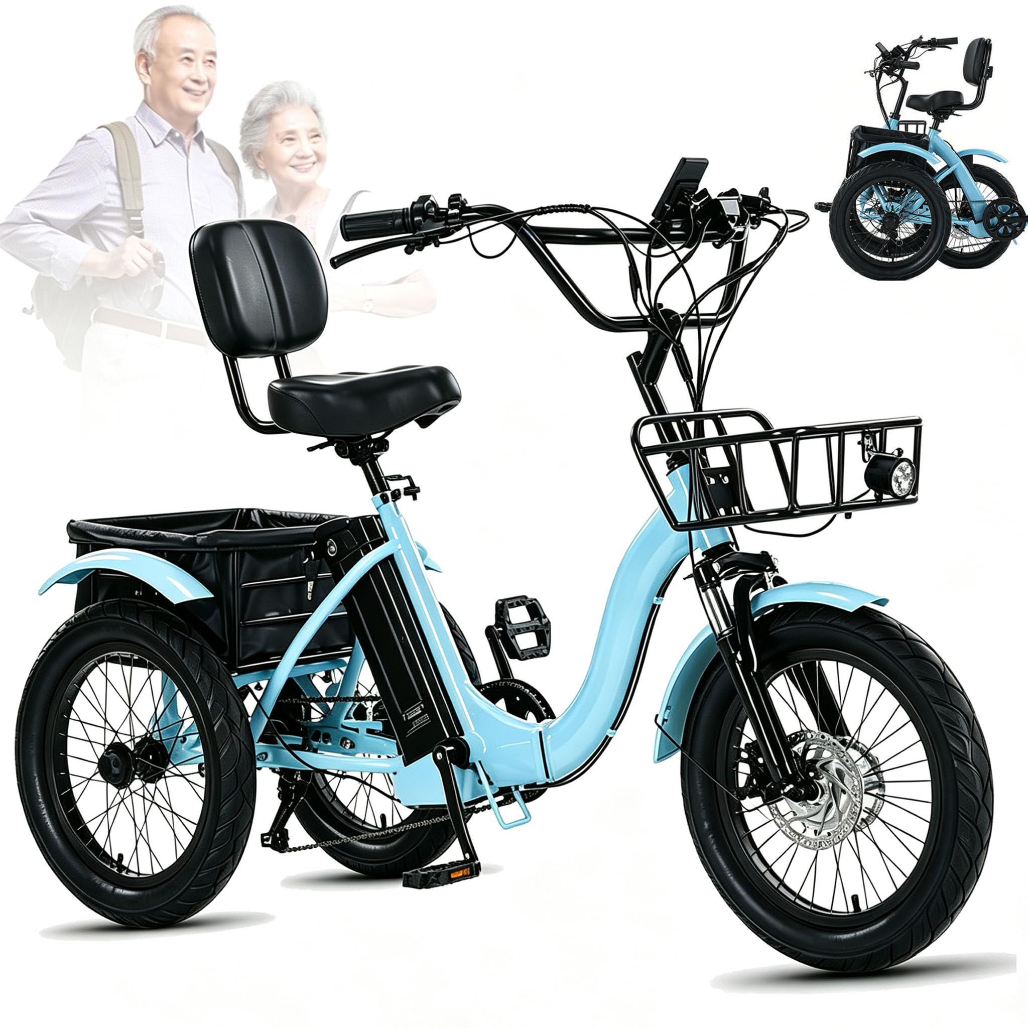 Triciclo Elettrico, Triciclo Pieghevole per Adulti 18 X 3,0 Pollici, 7 Velocità, Batteria 48v/13ah, Cestino Anteriore E Posteriore, Trike Cargo Elettrico per Anziani Blue