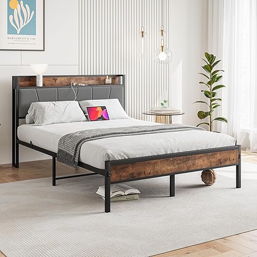 Miniatura 3 de BOFENG Base de cama de tamaño matrimonial con cabecera de almacenamientoestación de carga, base de cama tapizada de metal resistente, tamaño