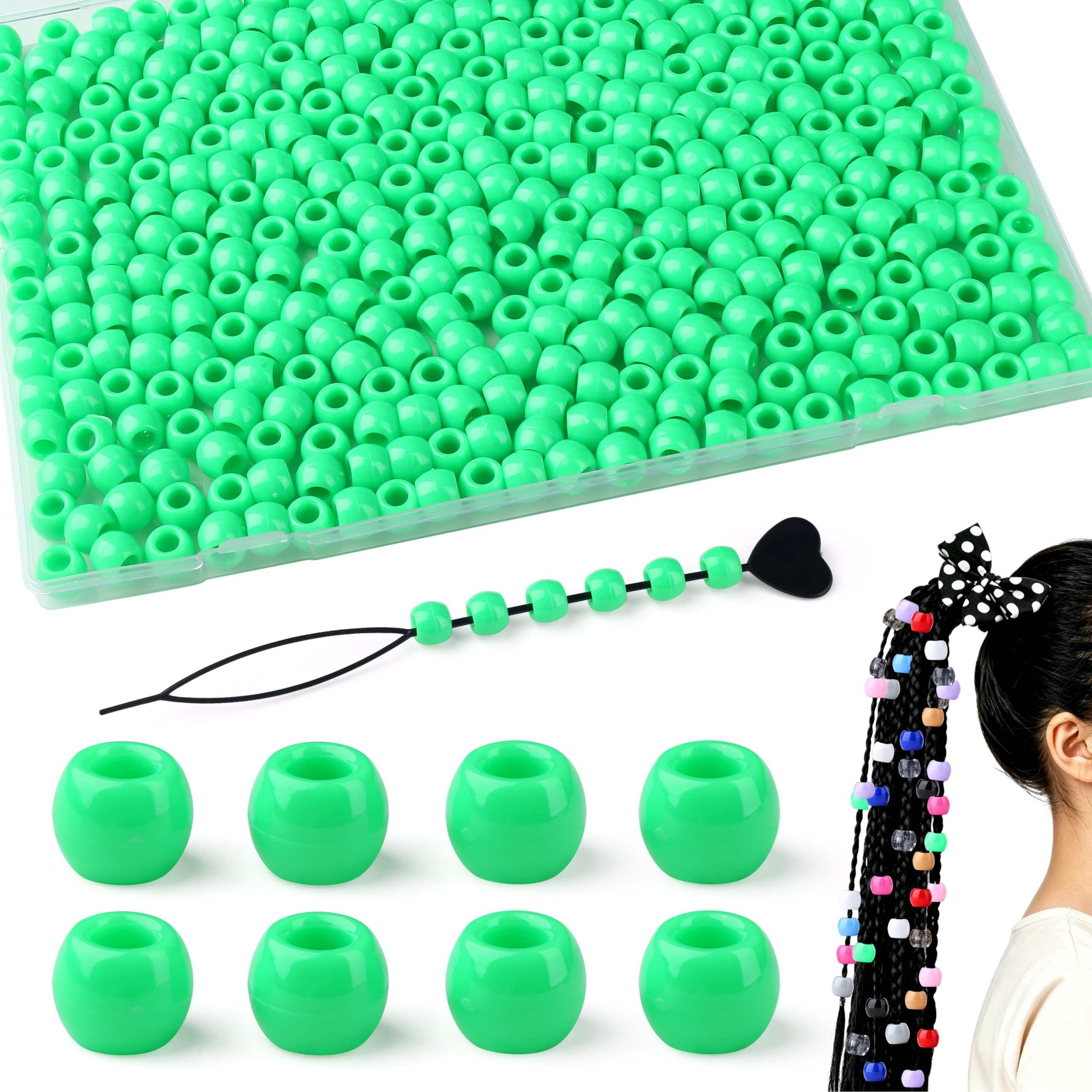 Sahoottie 12mm Green Hair Beads for Braids,380Pcs Large Hole Plait Beads with Storage Box,Braiding Beads for Women,Ponytails,Dreadlocks,Hair Styling,Green Pony Beads for Bracelets,Jewellery Making