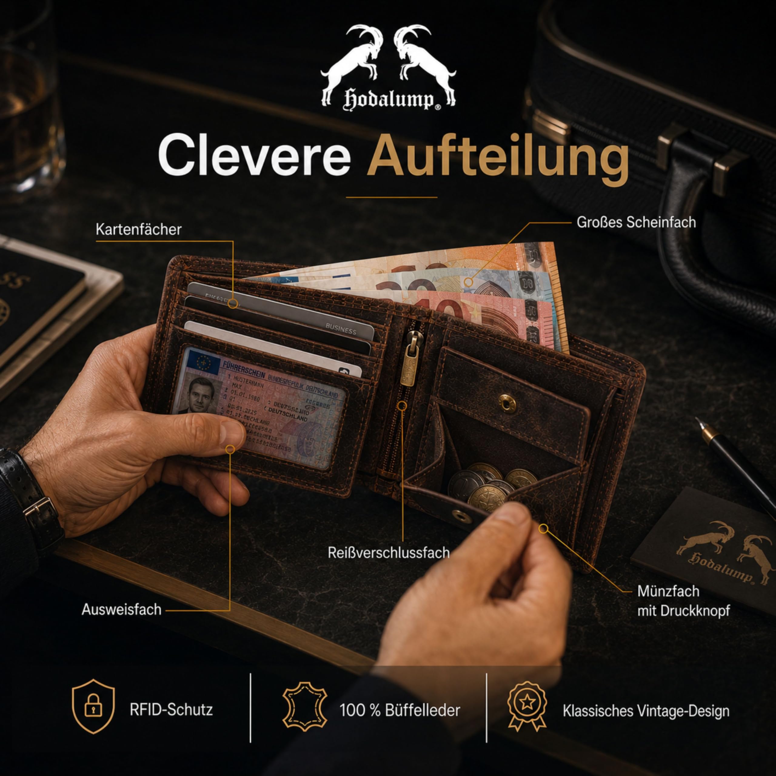 hodalump - Premium Echt-Leder Geldbörse mit RFID-Schutz & Münzfach - Geldbeutel für Damen & Herren - Portmonee aus Büffelleder - Klassische Männer Brieftasche - Ledergeldbörse aus Echtleder in Braun