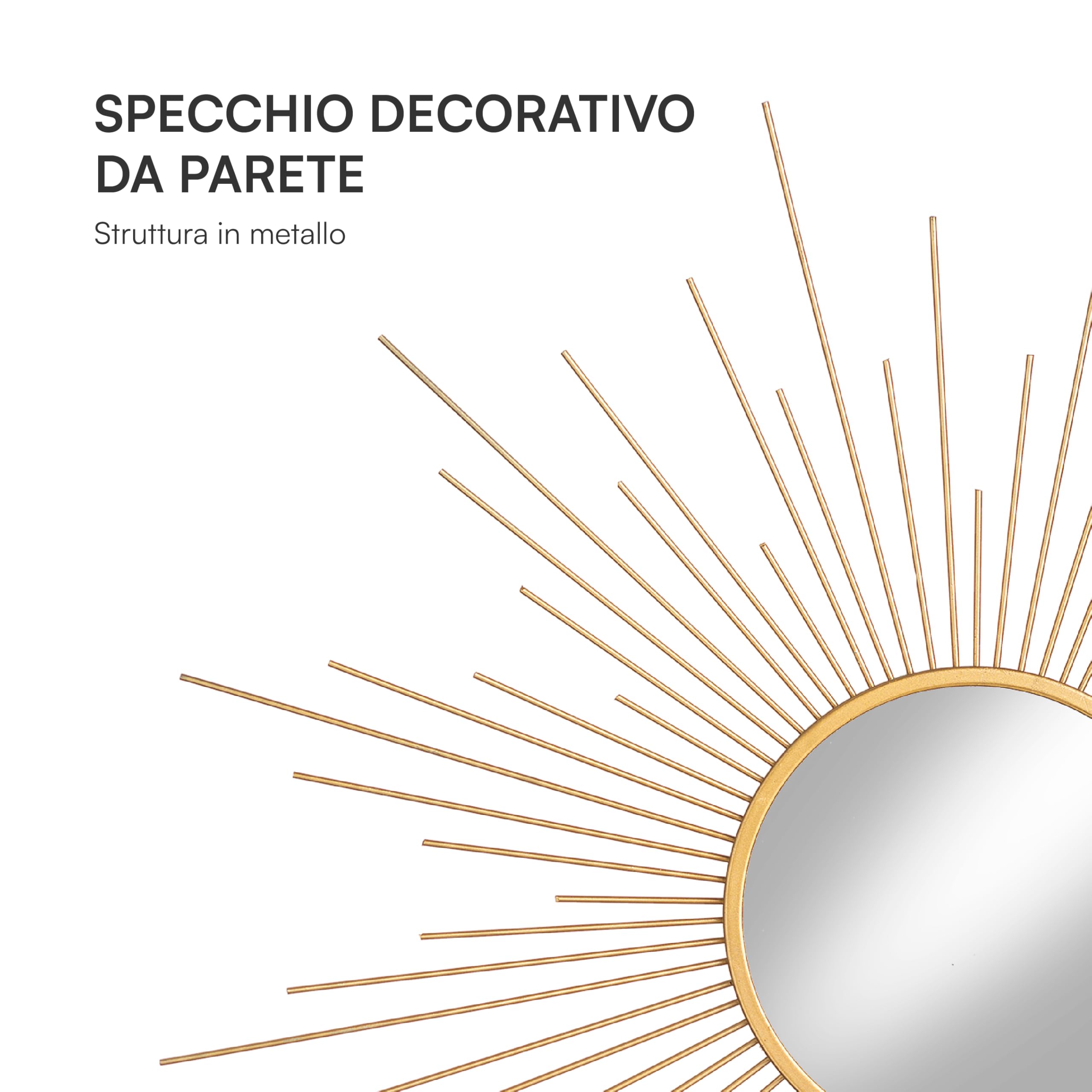 Baroni Home Specchio da Parete Decorativo con Cornice in Ferro, Specchio da Salotto o Camera da Letto, Raggi, 60x2x60 cm
