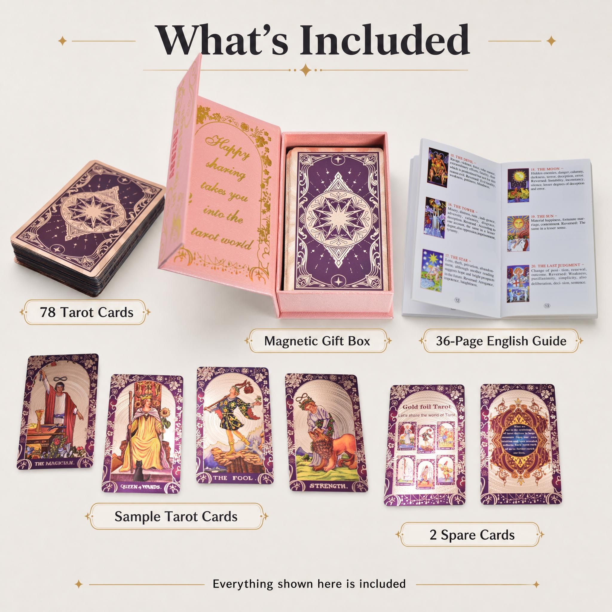 Baraja Tarot Rider Waite en Inglés, 78 Cartas con Lámina Dorada, Diseño Holográfico Impermeable Pet, 2 Cartas de Repuesto, Guía, Bolsa de Terciopelo y Caja de Regalo