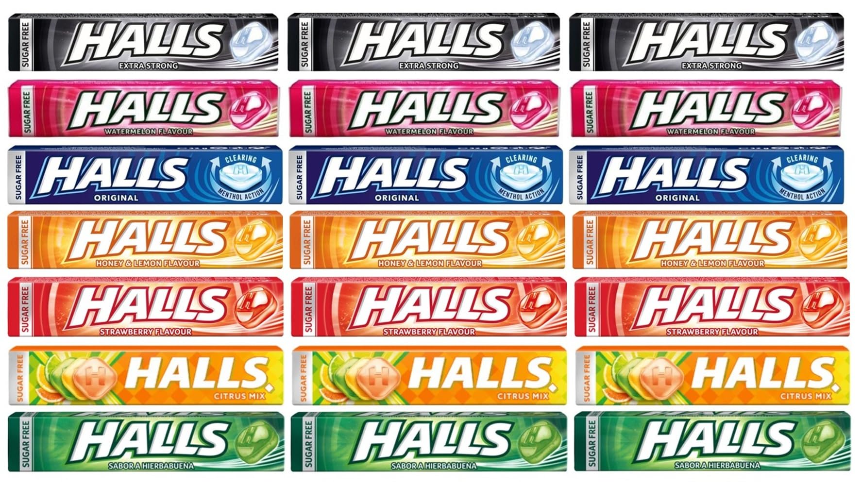Halls Mints Mix – Mélange de saveurs rafraîchissantes – Fraise | Miel et citron | Original | Pastèque | Extra fort | Mélange d'agrumes | Menthe verte - 21 sachets de 35 g chacun