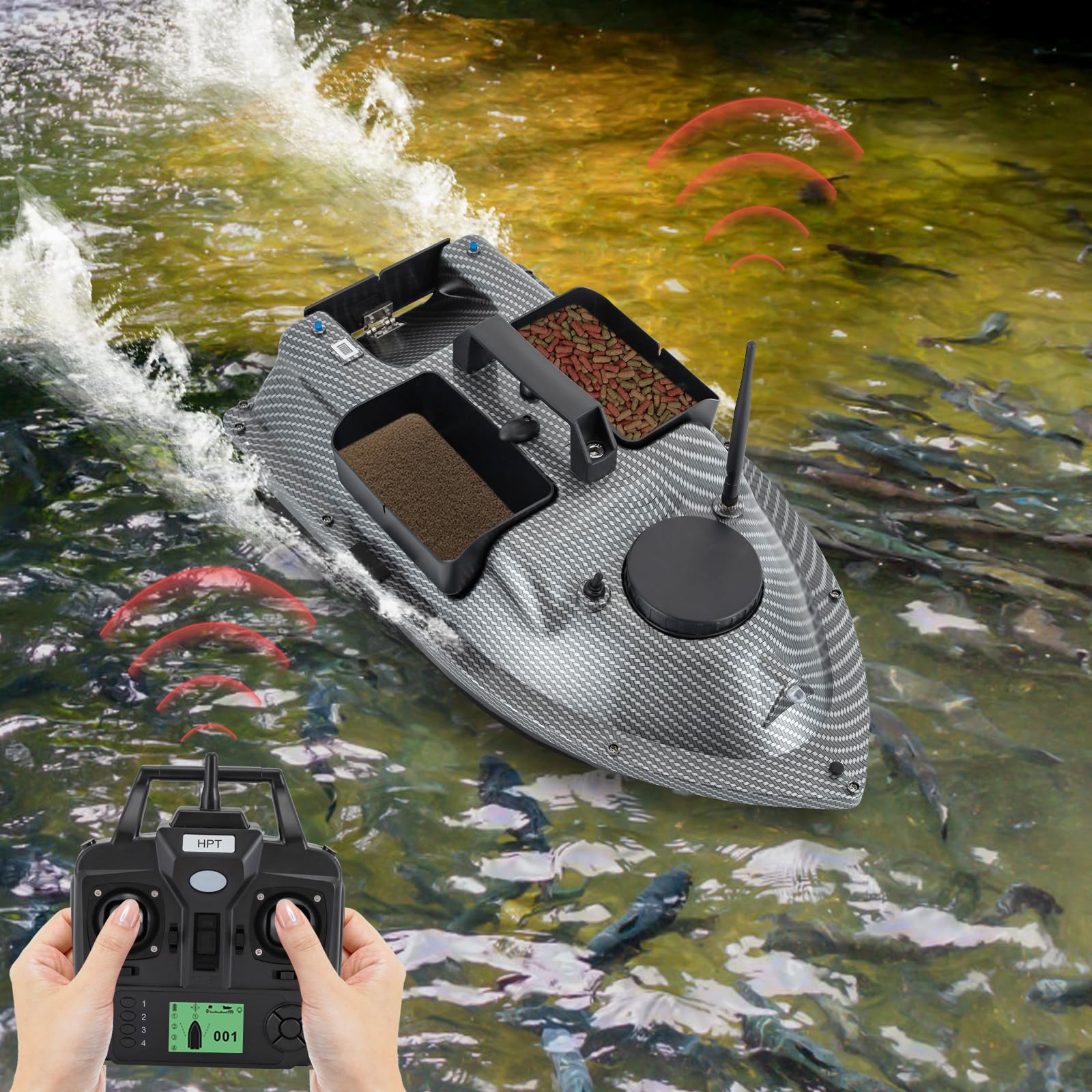 500m Futterboot mit GPS 10400mAh Nachtangeln Fischköder Köderboot mit LED-Navigator-Licht, Fernbedienung Futterboote Bait Boat Ferngesteuertes Köderboot, 2 KG Beladung (Grau)