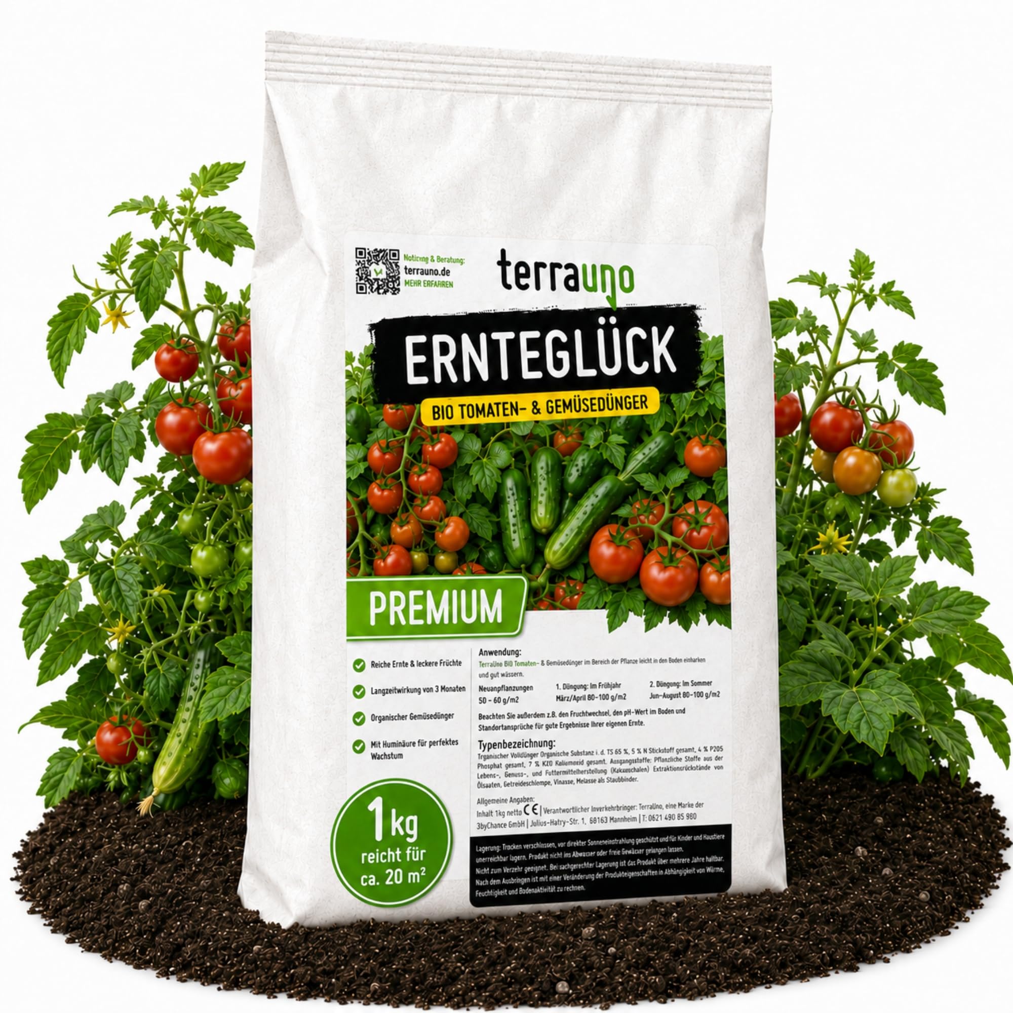 TerraUno Ernteglück Tomaten & Gemüsedünger Bio, Tomatendünger, 1 kg | Organischer Volldünger Granulat mit 3 Monaten Langzeitwirkung und Huminsäure, für eine reiche Ernte im Gemüsebeet