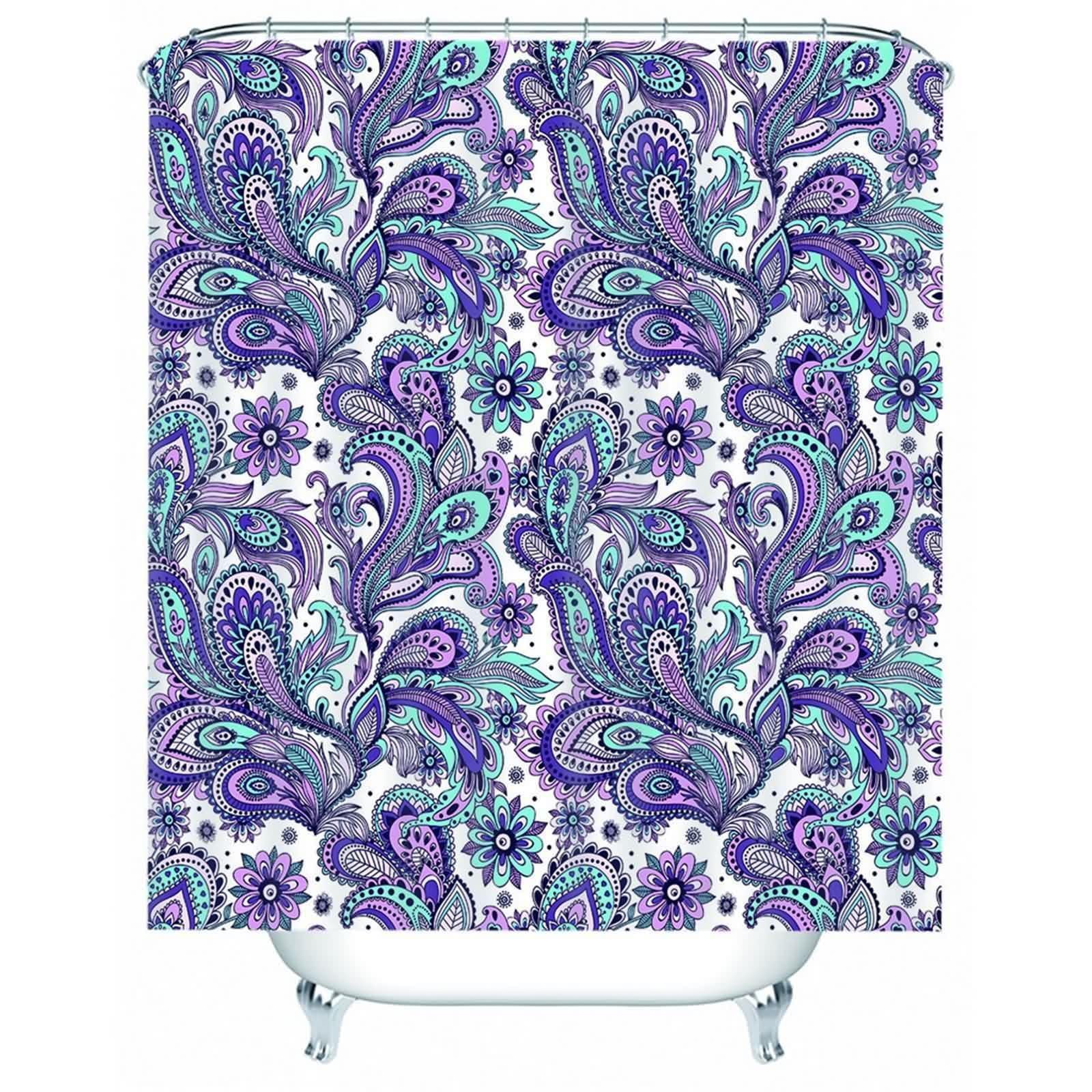 Rideau de douche violet plantes fleurs 180x180cm textile lavable