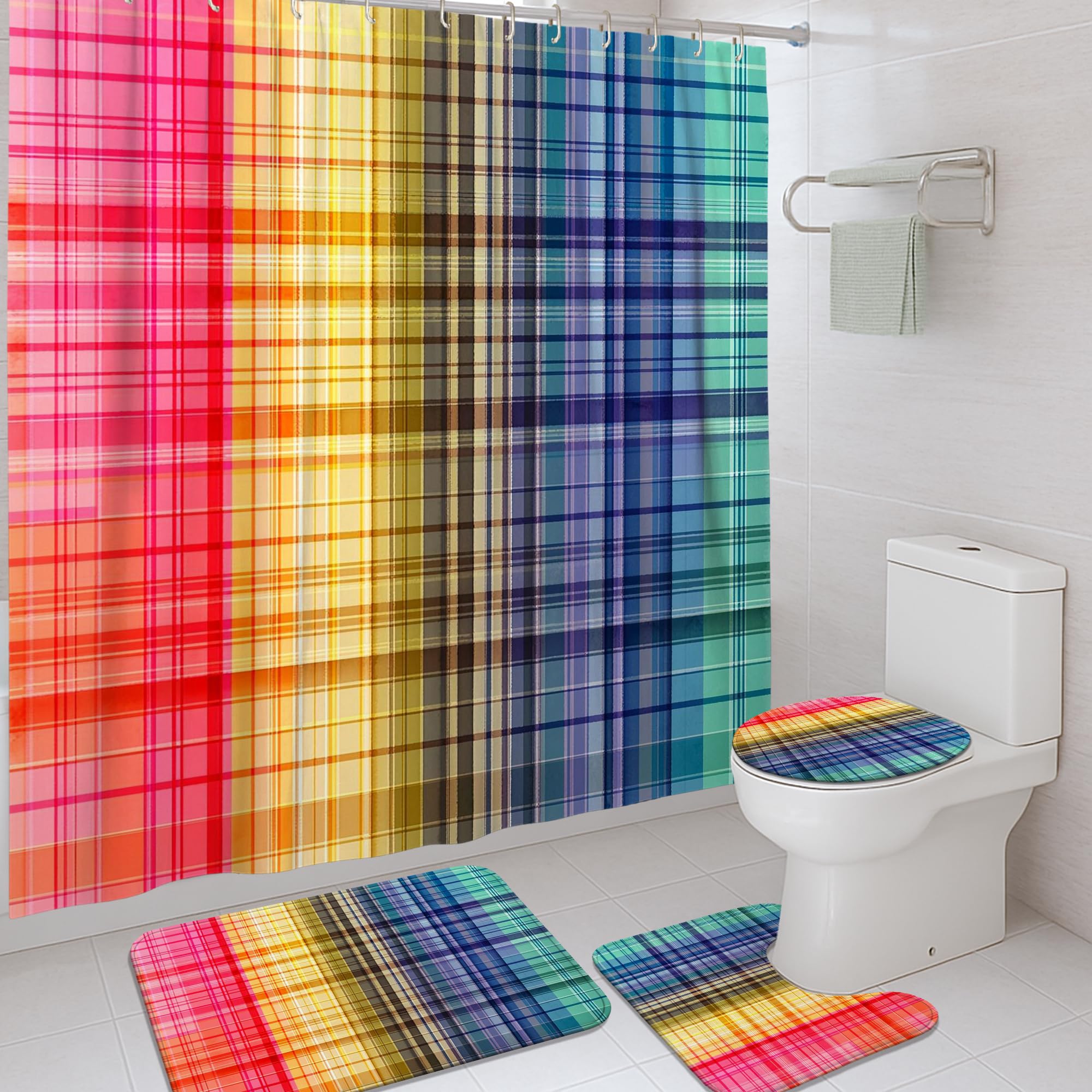 Rideau de douche à carreaux et tapis de bain arc-en-ciel imperméable