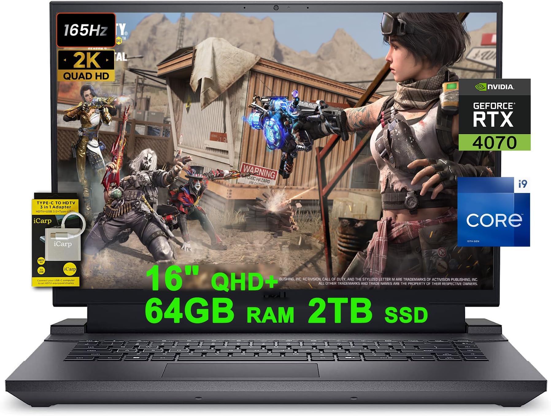 DELL G16 7630 16 Flagship Gaming Laptop 16" QHD+ 165Hz (100% DCI-P3, 3ms) Intel 24-Core i9-13900HX Processor 64GB RAM 2TB SSD GeForce RTX 4070 8GB Graphic RGB Backlit Thunderbolt Win11 w/ICP Accessory