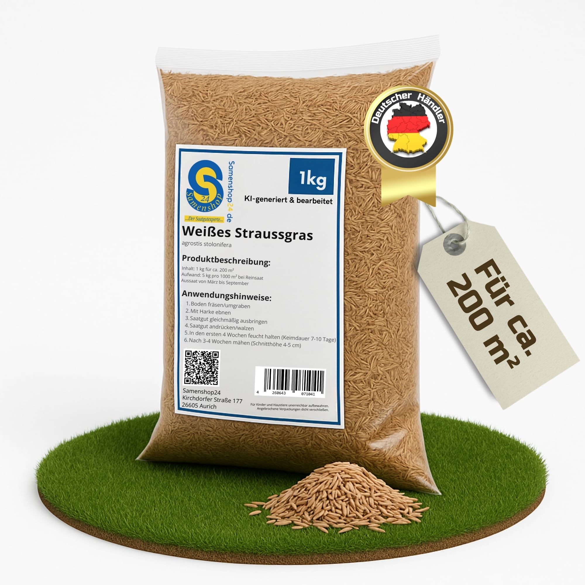 Weißes Straußgras 1kg Agrostis stolonifera Feinblättrig, tiefschnittverträglich und belastbar Ideal für Zierrasen und Golfgrüns, für 200 m²