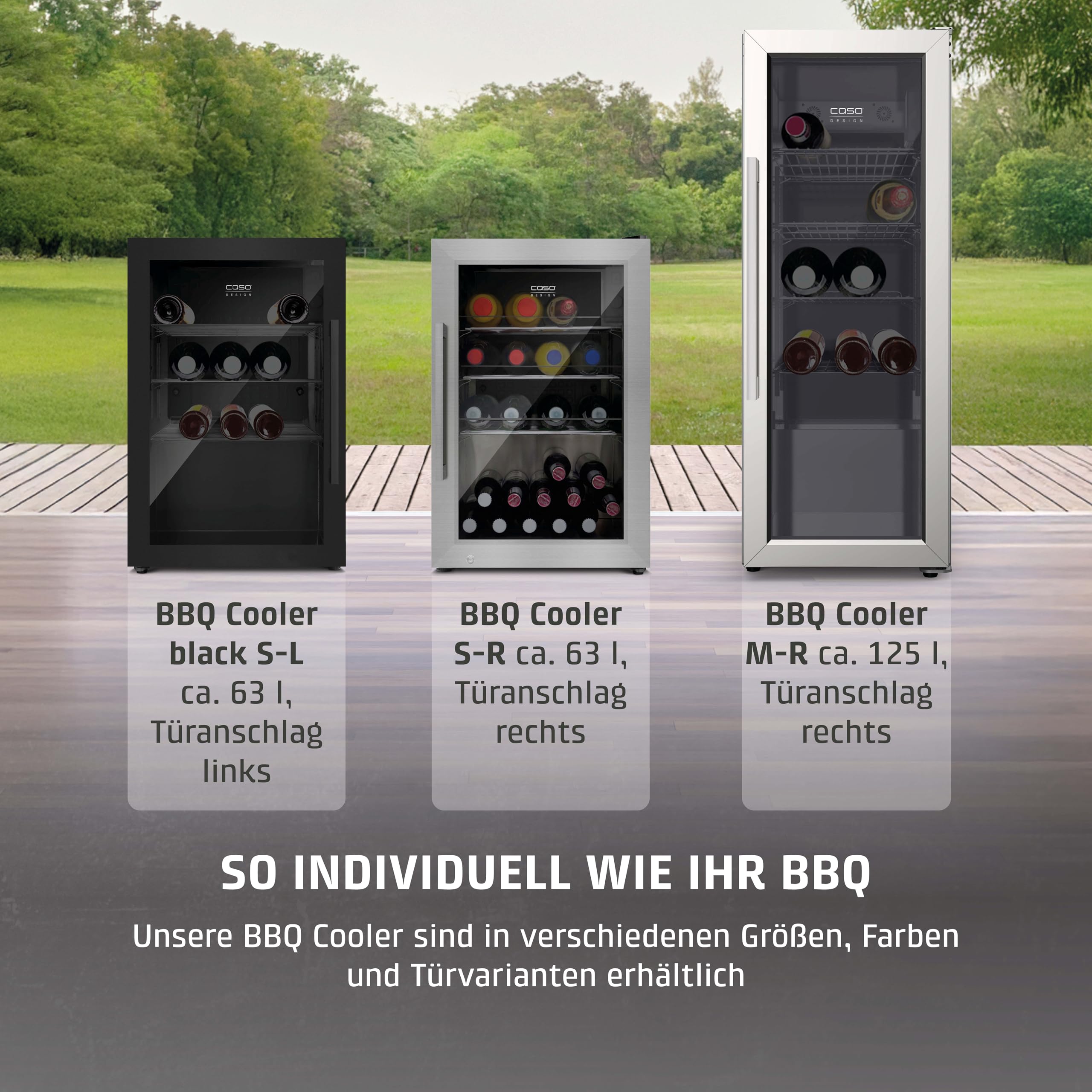 Caso BBQ Cooler S-L, Kühlschrank 63L, Türanschlag links, Temperatur -1-10°C, für Innen- und Außenbereich geeignet, IPX4/Spritzwasserschutz, Einbau geeignet, UV Sicherheistglas, abschließbar